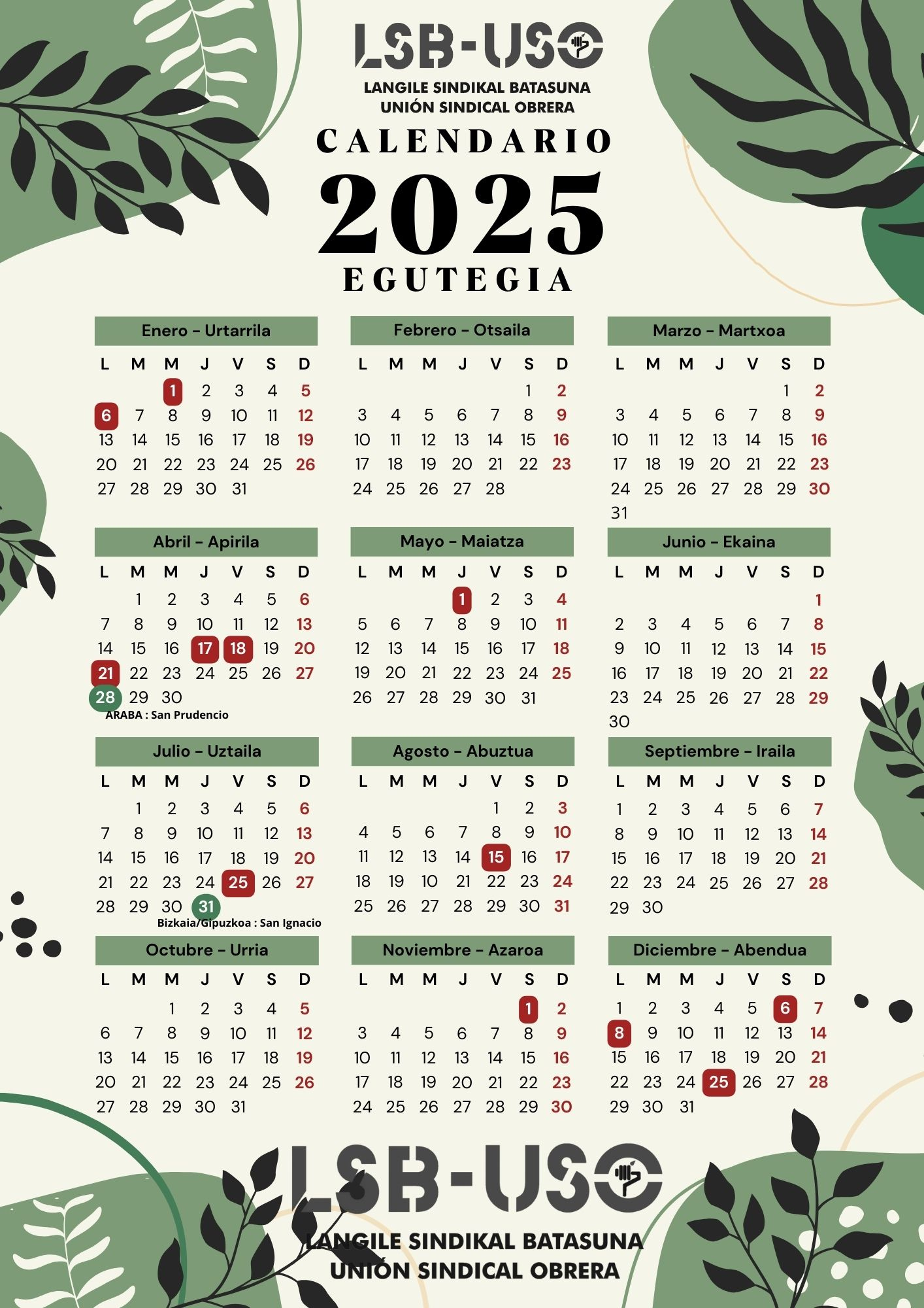 Calendario Fiestas Laborales Año 2025 Para Araba, Bizkaia Y | Calendario Laboral 2025 Gipuzkoa