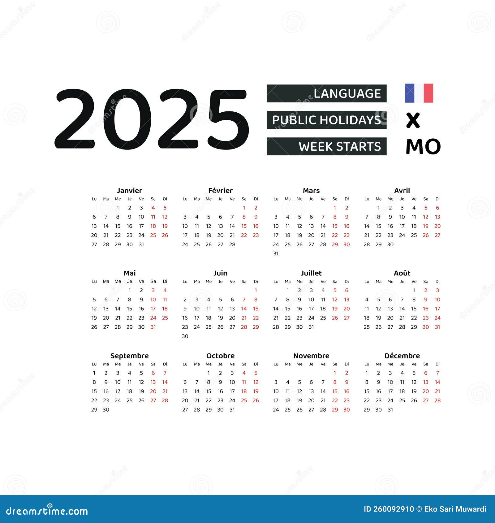Calendario Francia 2025. La Semana Comienza El Lunes. Diseño | Calendario Escolar Francia 2025