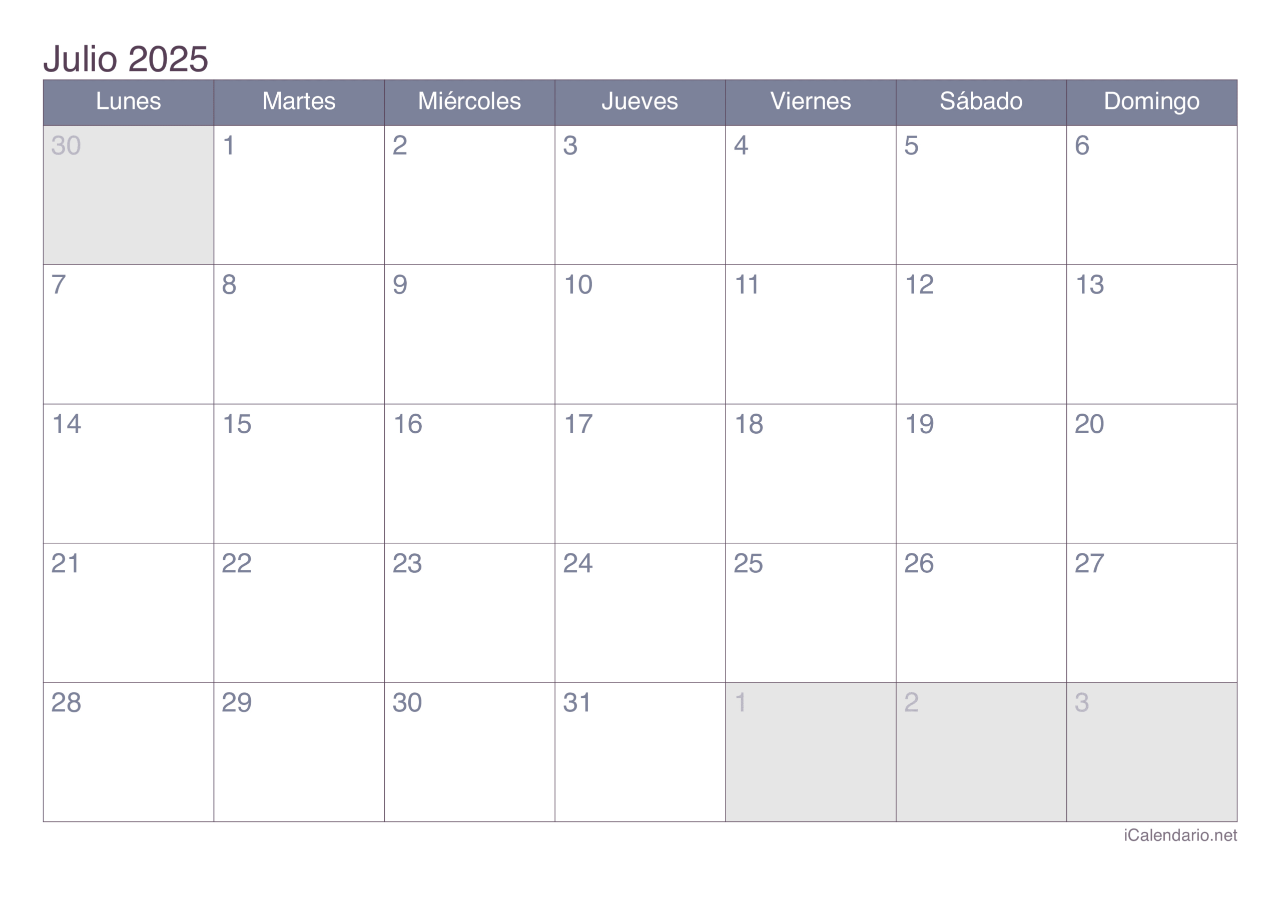 Calendario Julio De 2025 Para Imprimir | Calendario Julio 2025 Para Imprimir