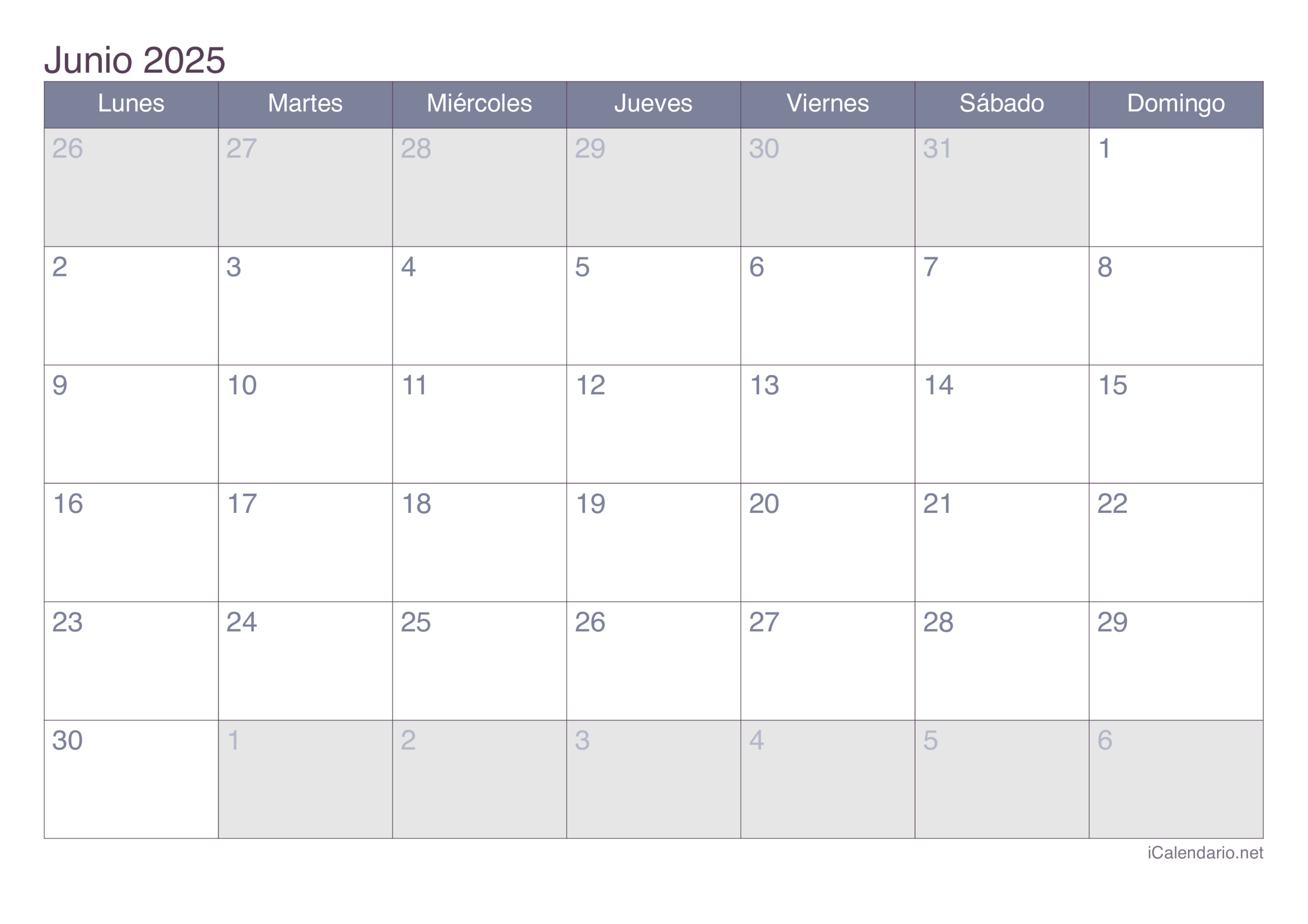 Calendario Junio De 2025 Para Imprimir | Calendario Junio 2025 Para Imprimir