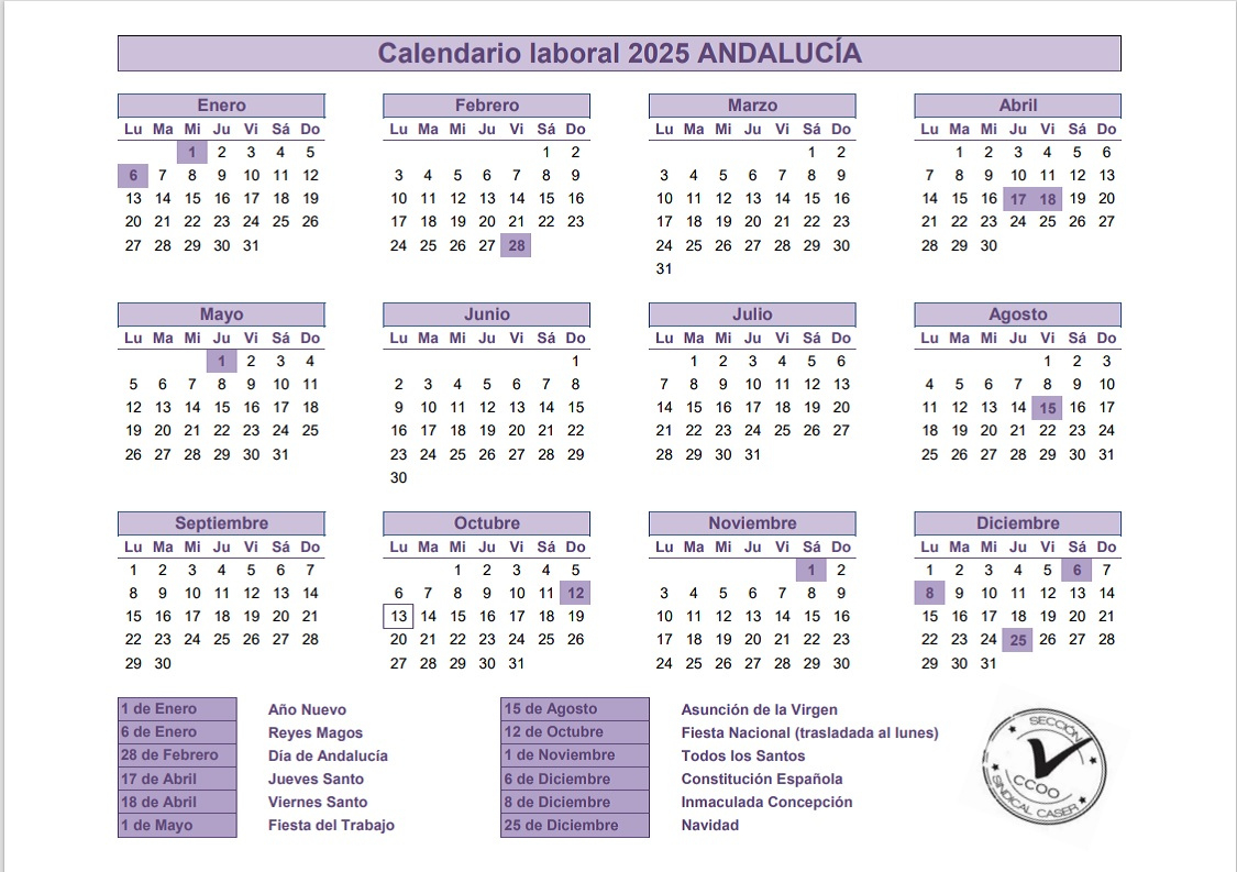 Calendario Laboral 2025 Andalucía | Calendario Laboral 2025 Andalucia
