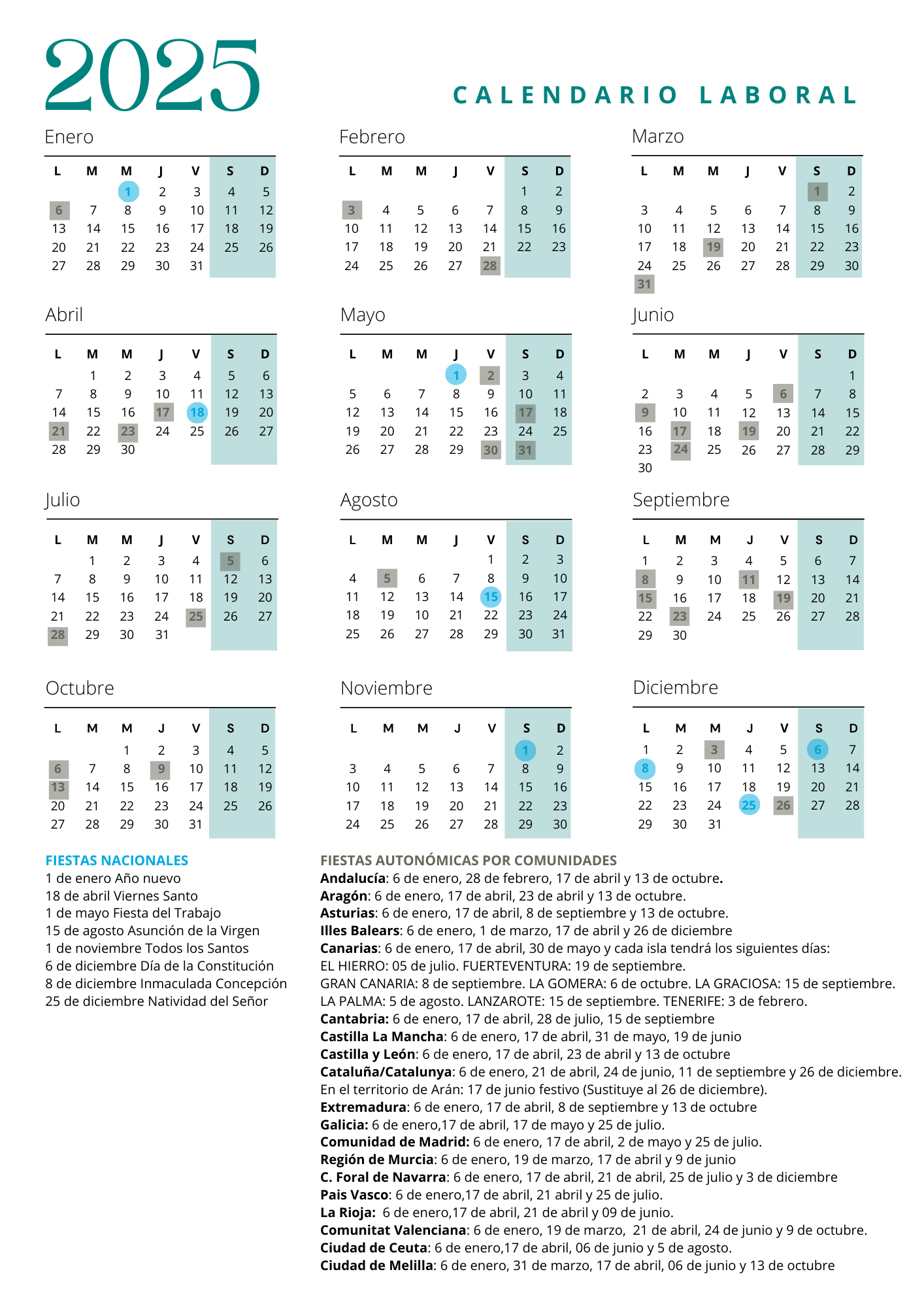 Calendario Laboral 2025 - Cesica Unicaja | Calendario Laboral Malaga 2025