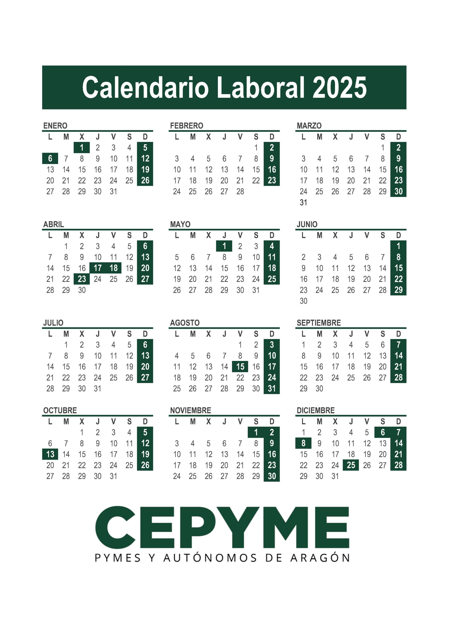 Calendario Laboral 2025: Descargable – Cepyme Aragón | Calendario Laboral 2025 Aragon