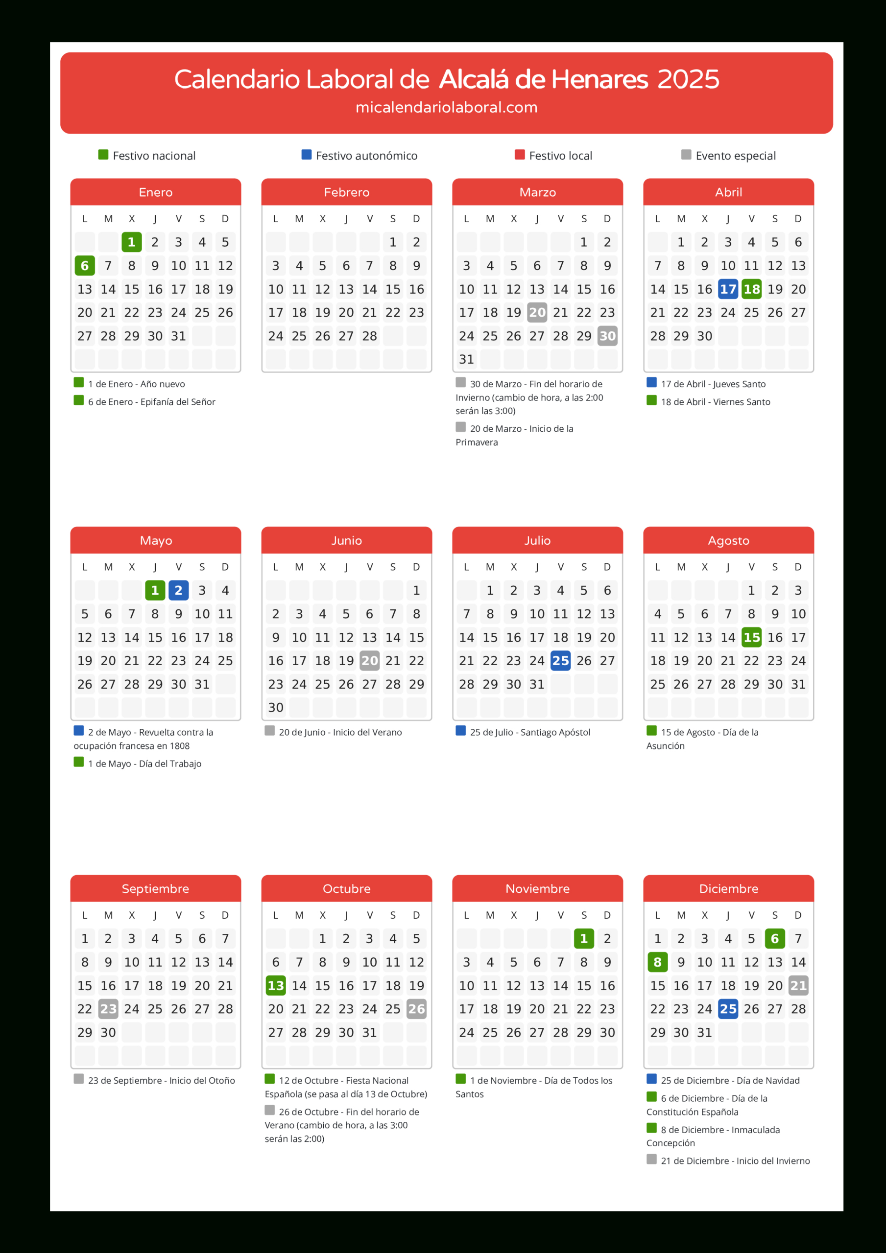 Calendario Laboral De Alcalá De Henares 2025 - Días Festivos | Calendario Laboral 2025 Alcala De Henares