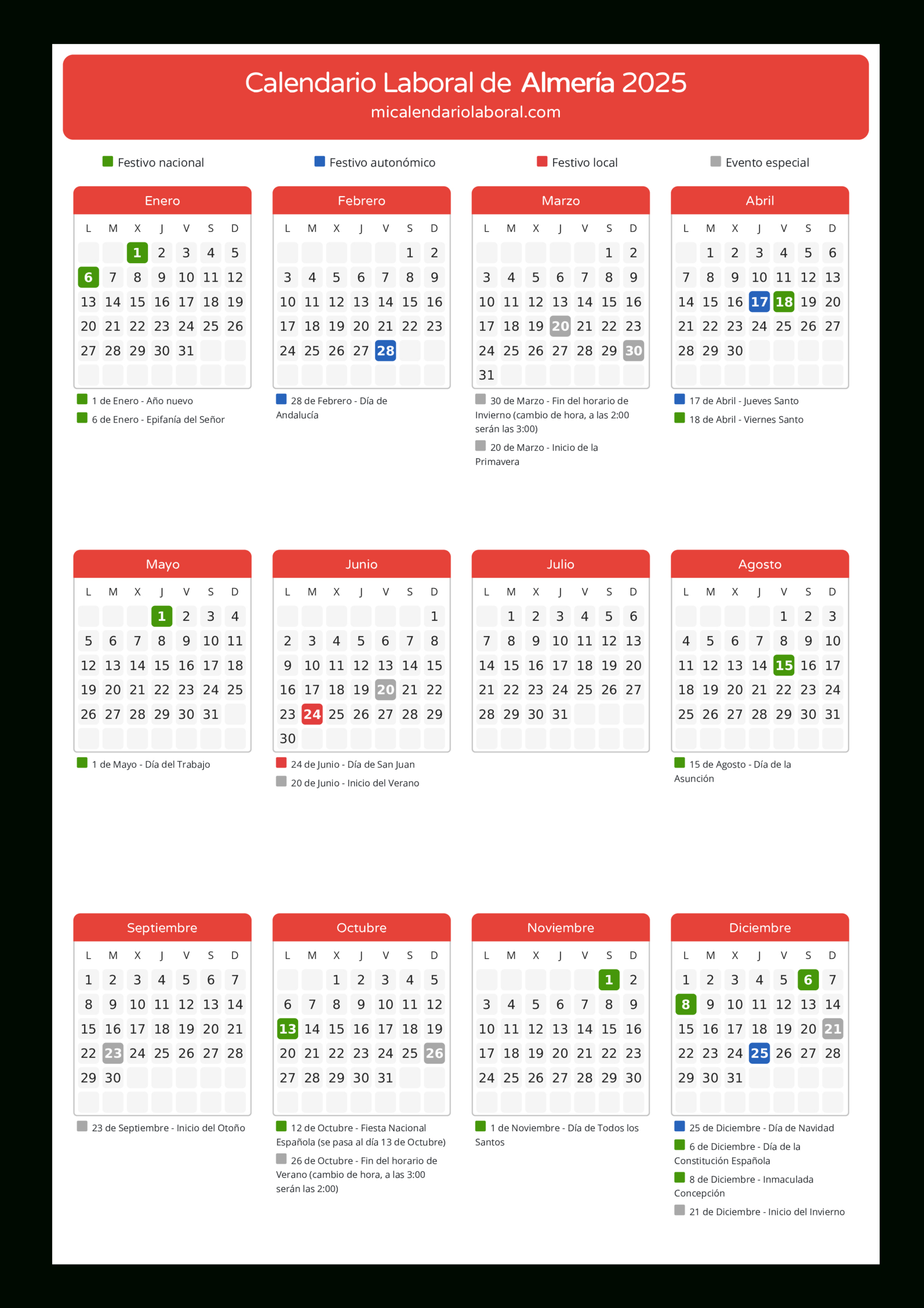 Calendario Laboral De Almería 2025 - Días Festivos | Calendario Laboral Almeria 2025
