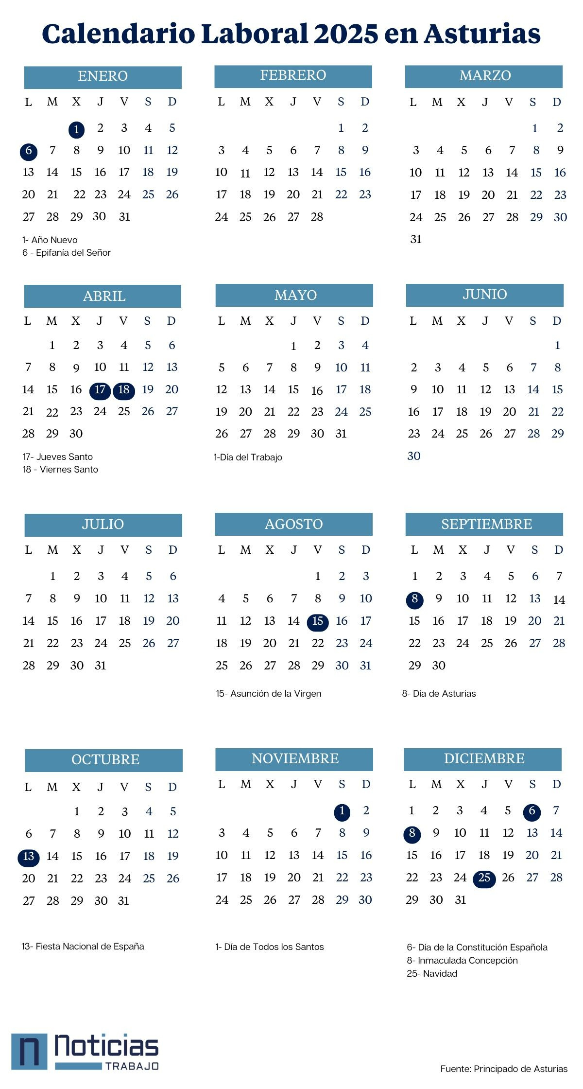 Calendario Laboral De Asturias (2024-2025): Días Festivos | Calendario Laboral Oviedo 2025