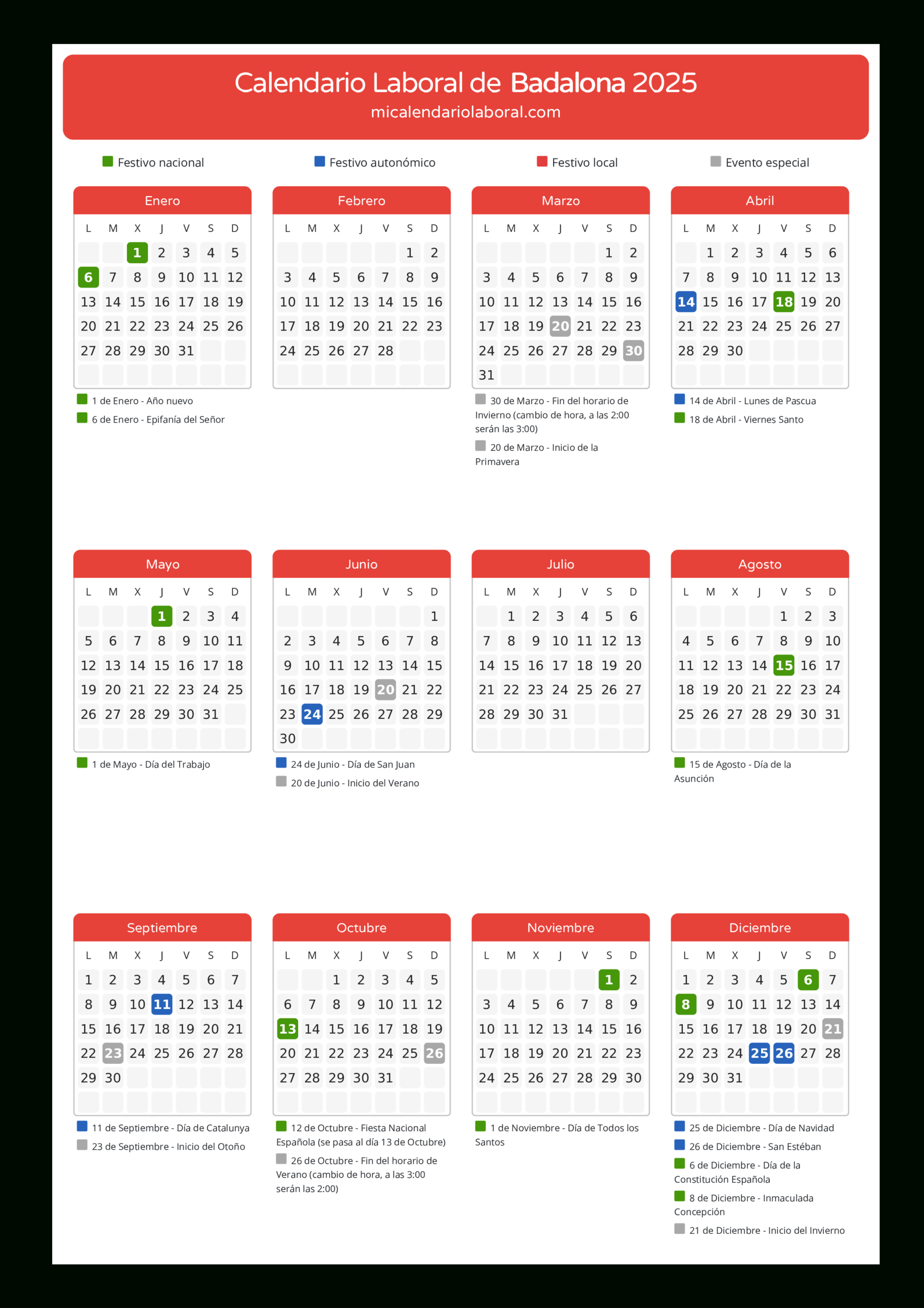 Calendario Laboral De Badalona 2025 - Días Festivos | Calendario Laboral Badalona 2025