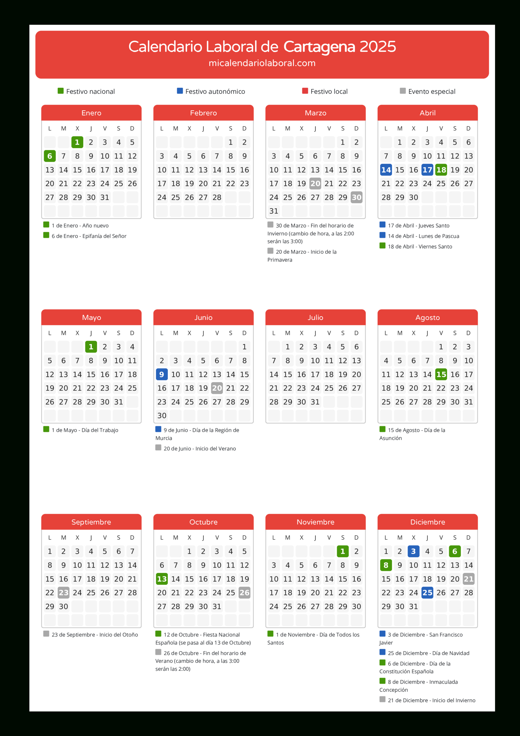 Calendario Laboral De Cartagena 2025 - Días Festivos | Calendario Laboral Cartagena 2025