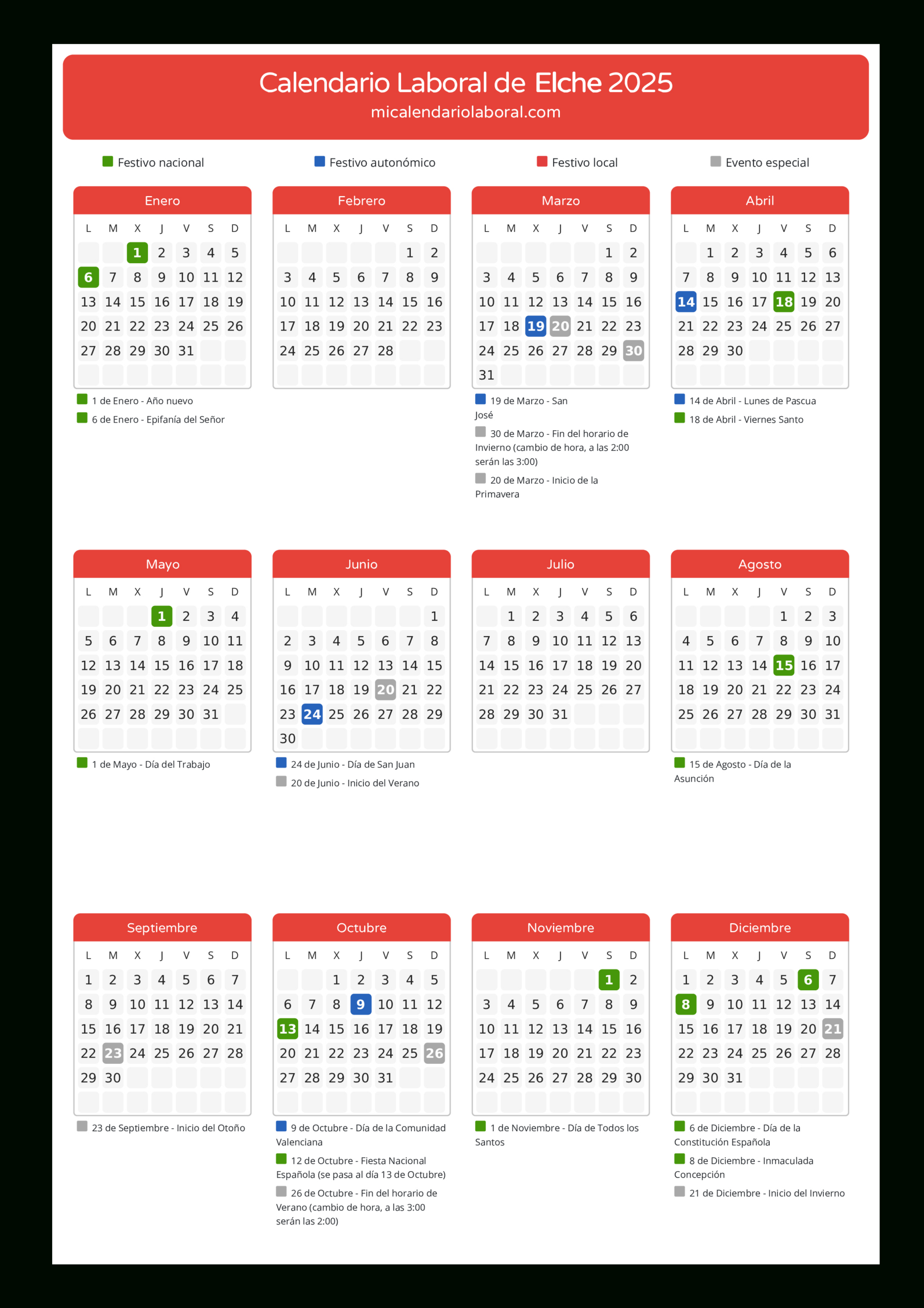 Calendario Laboral De Elche 2025 - Días Festivos | Calendario Laboral Elche 2025