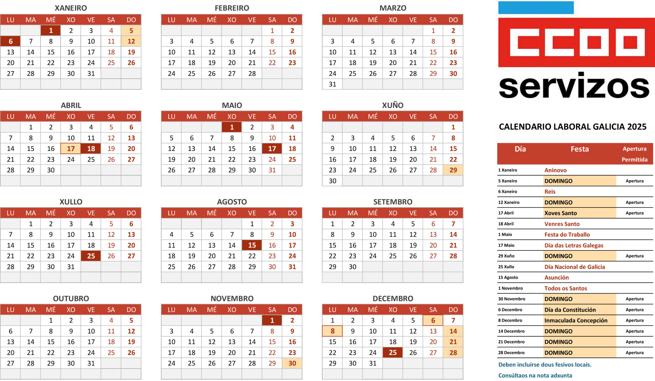 Calendario Laboral De Galicia 2025 | Calendario 2025 Festivos Galicia