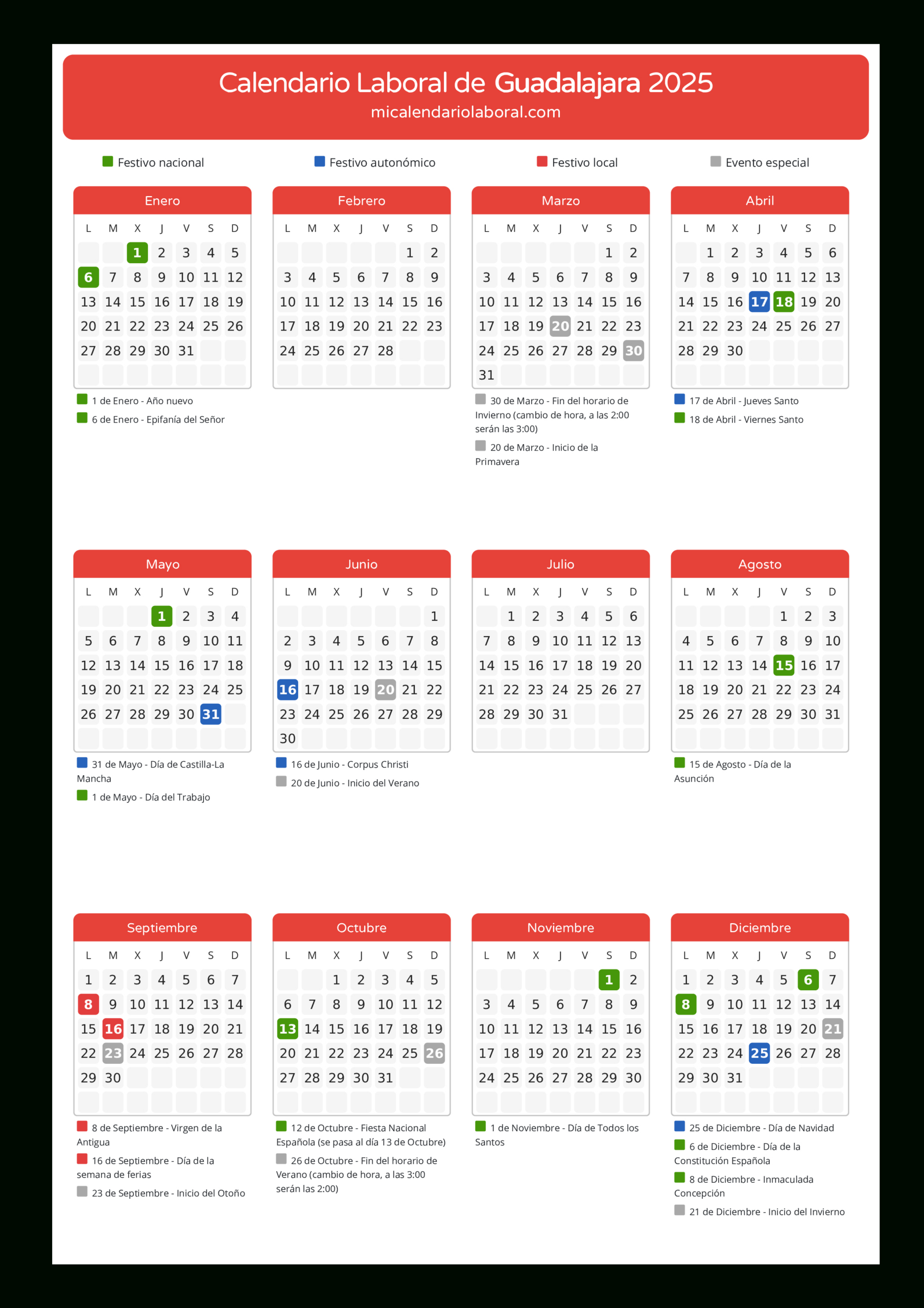 Calendario Laboral De Guadalajara 2025 - Días Festivos | Calendario Laboral 2025 Guadalajara