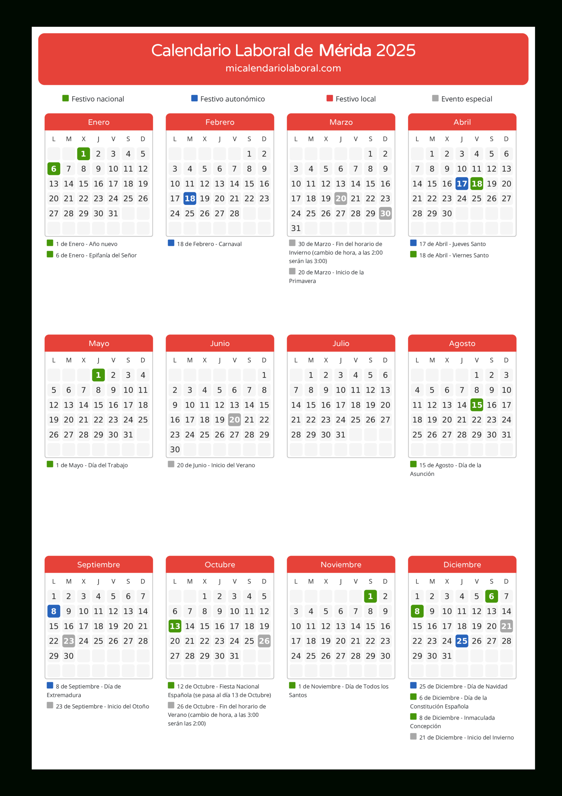 Calendario Laboral De Mérida 2025 - Días Festivos | Calendario Laboral Merida 2025