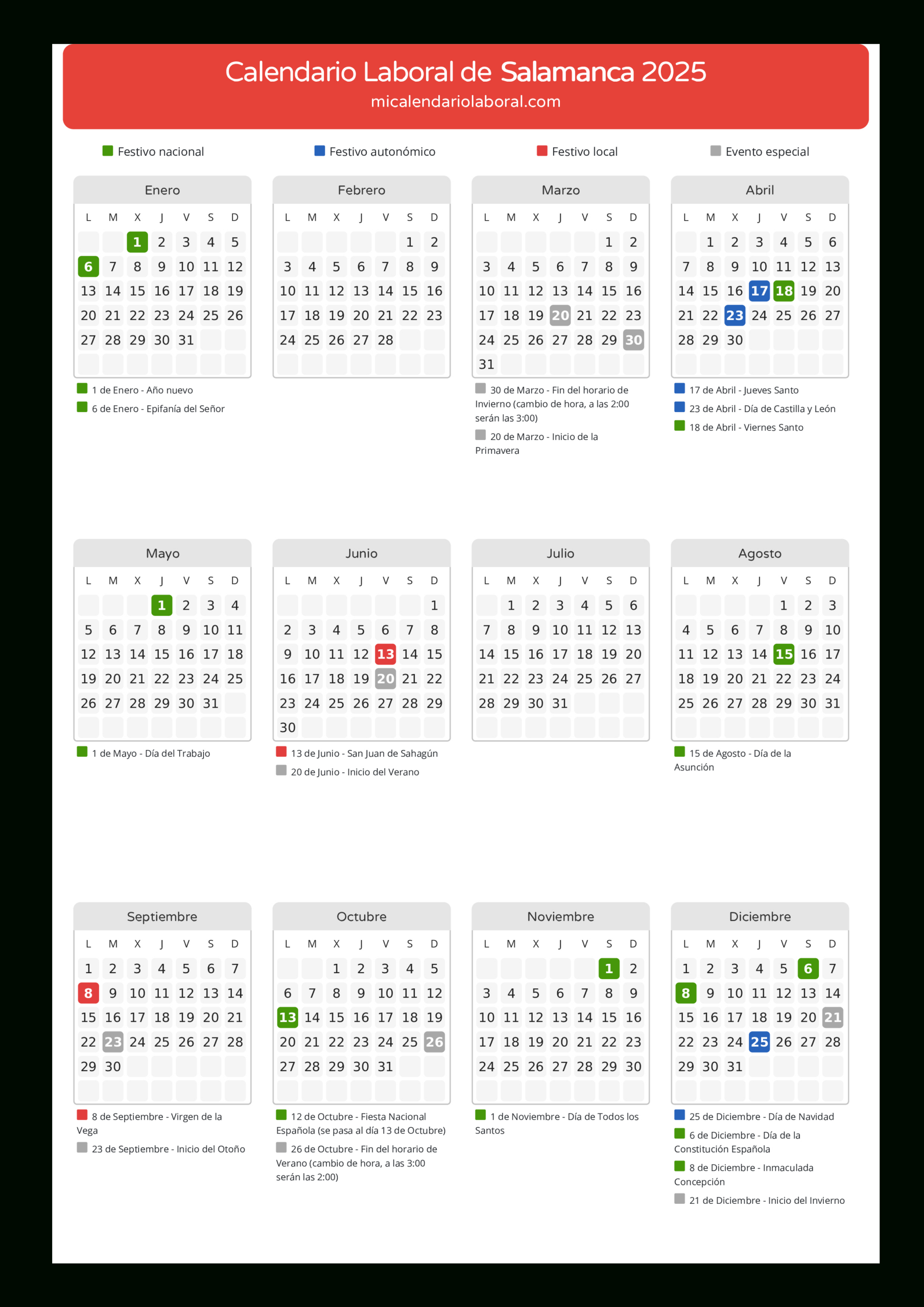 Calendario Laboral De Salamanca 2025 - Días Festivos | Calendario Laboral 2025 Salamanca