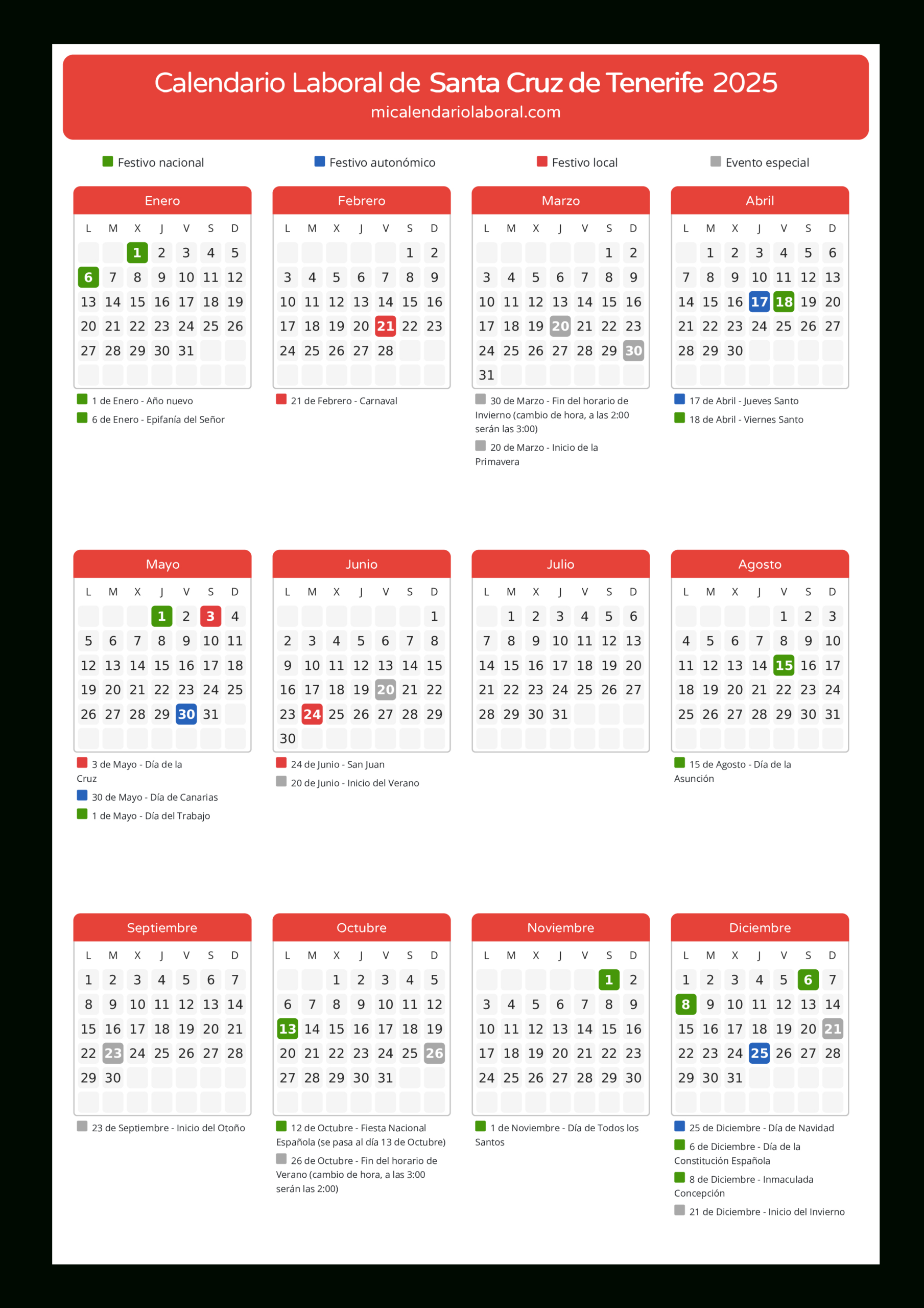 Calendario Laboral De Santa Cruz De Tenerife 2025 - Días Festivos | Calendario Laboral Santa Cruz De Tenerife 2025
