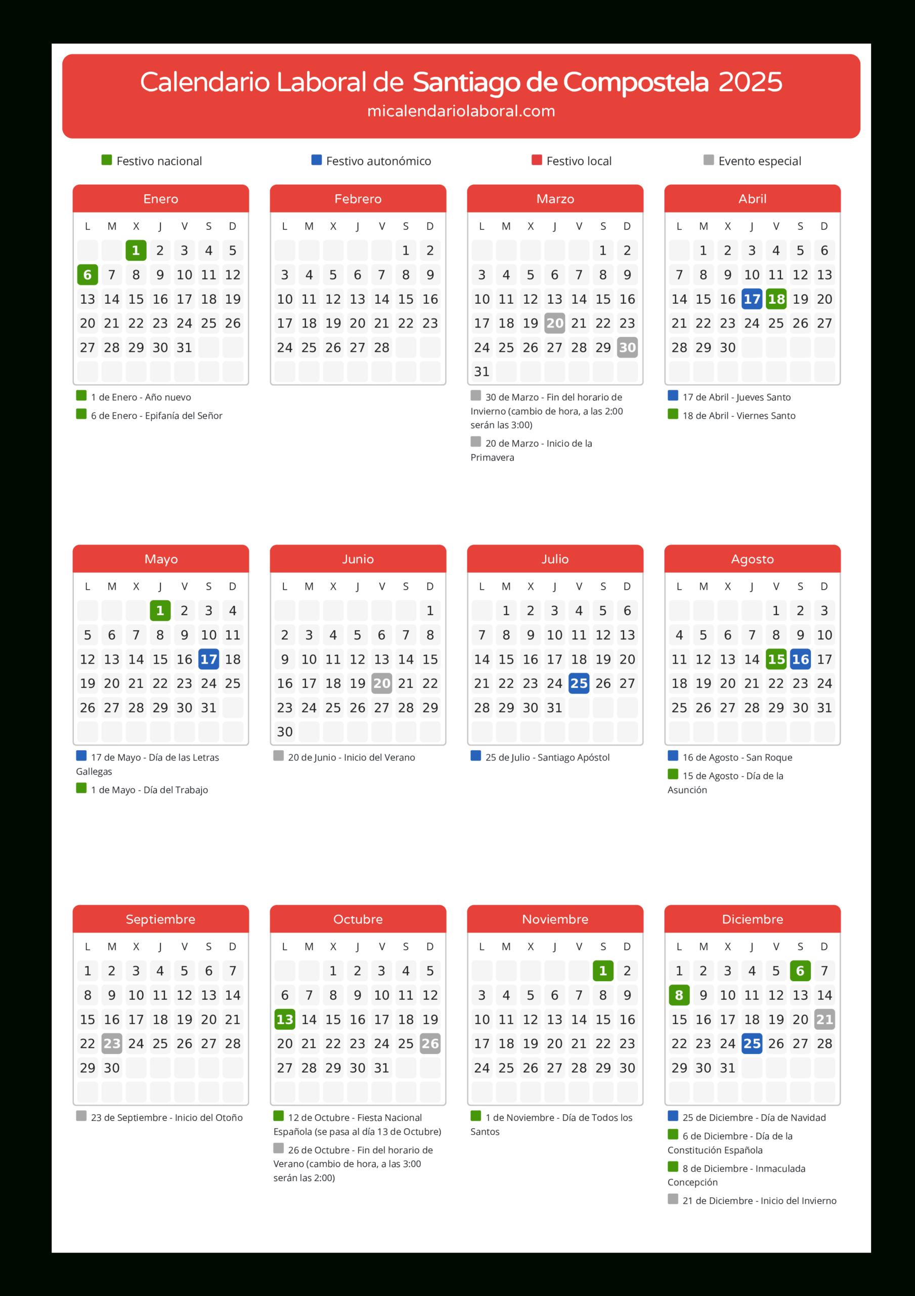 Calendario Laboral De Santiago De Compostela 2025 - Días Festivos | Calendario Laboral Santiago De Compostela 2025