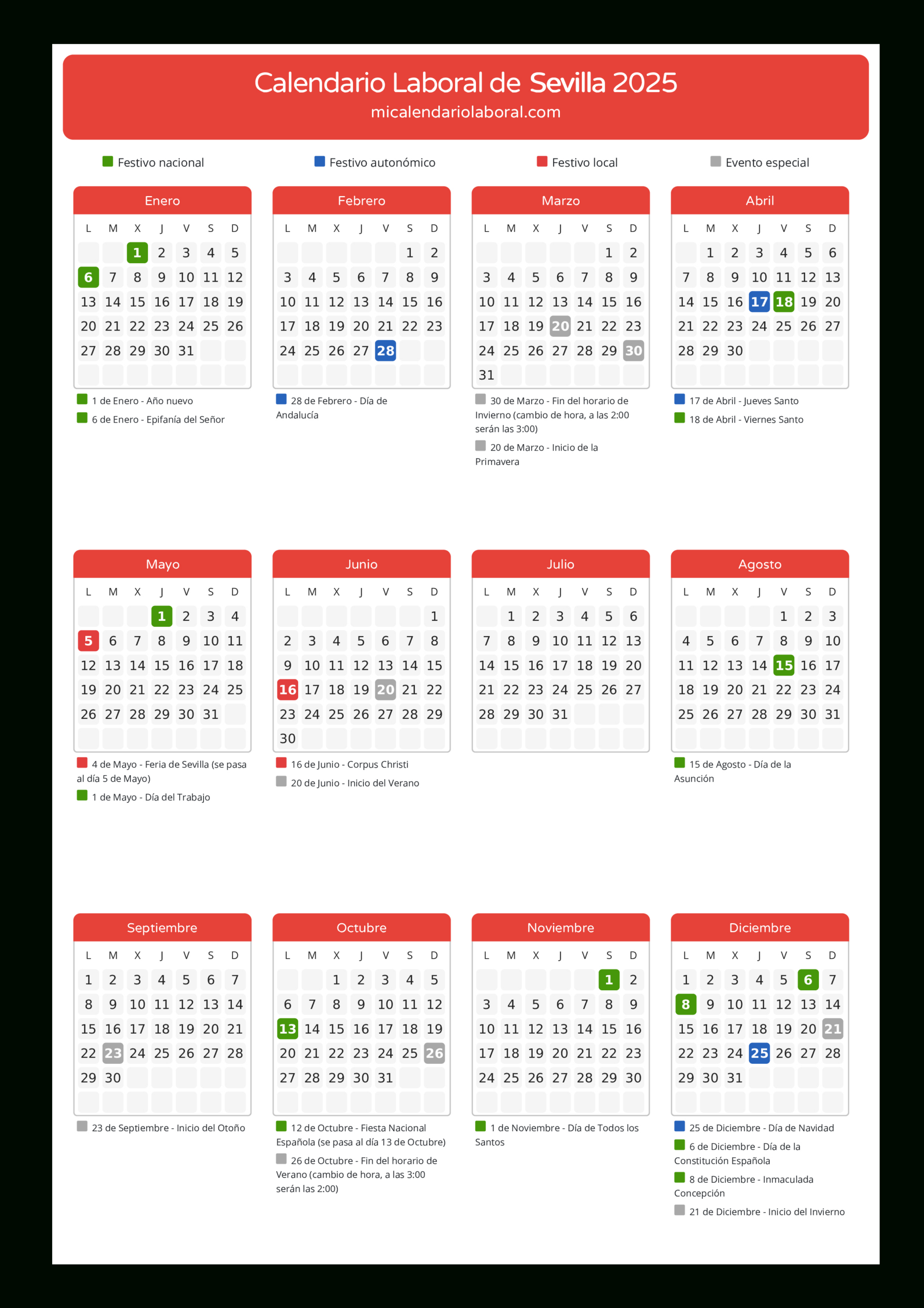 Calendario Laboral De Sevilla 2025 - Días Festivos | Calendario Laboral 2025 Sevilla Capital