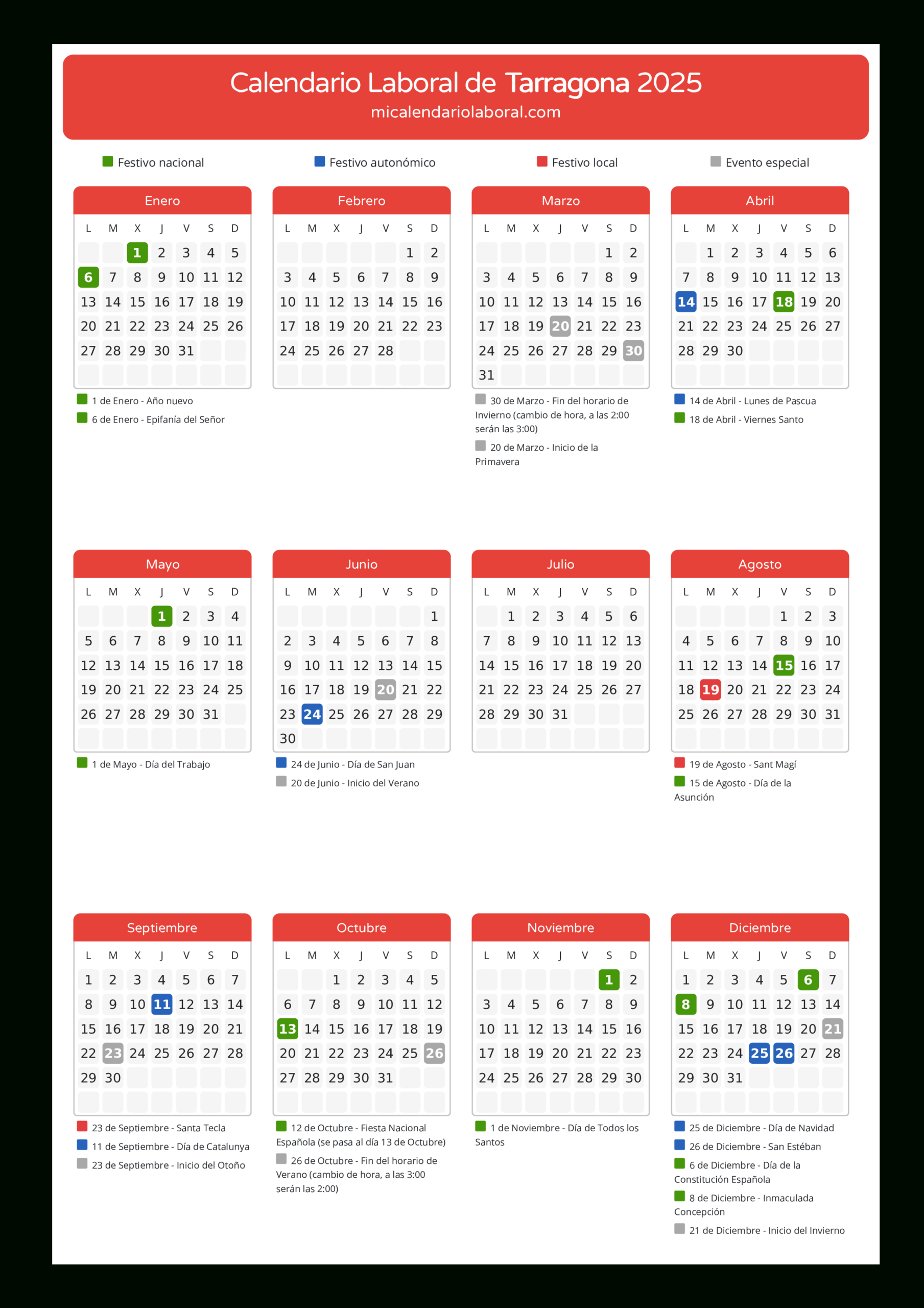 Calendario Laboral De Tarragona 2025 - Días Festivos | Calendario Laboral 2025 Tarragona