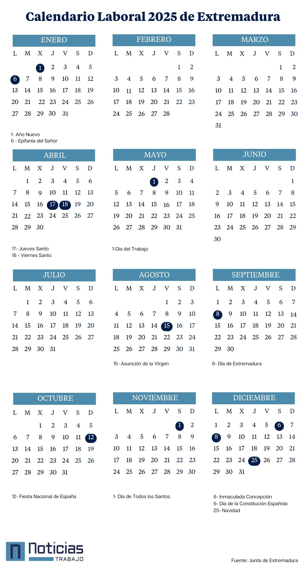 Calendario Laboral En Extremadura (2024-2025): Todos Los Puentes Y | Calendario Laboral Merida 2025