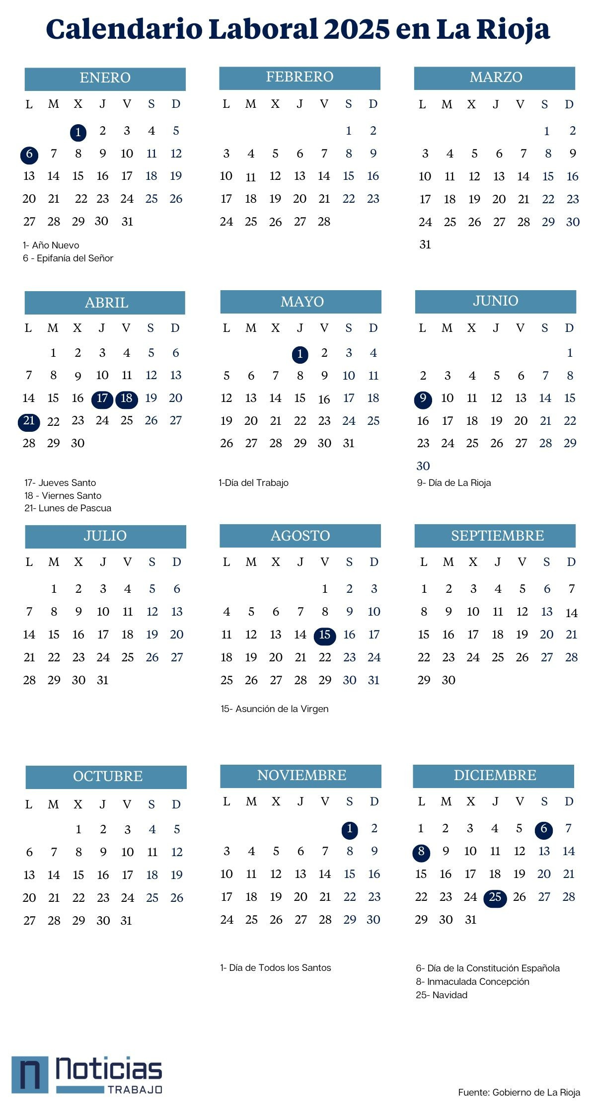 Calendario Laboral En La Rioja (2024-2025): Los Festivos | Calendario Laboral 2025 La Rioja