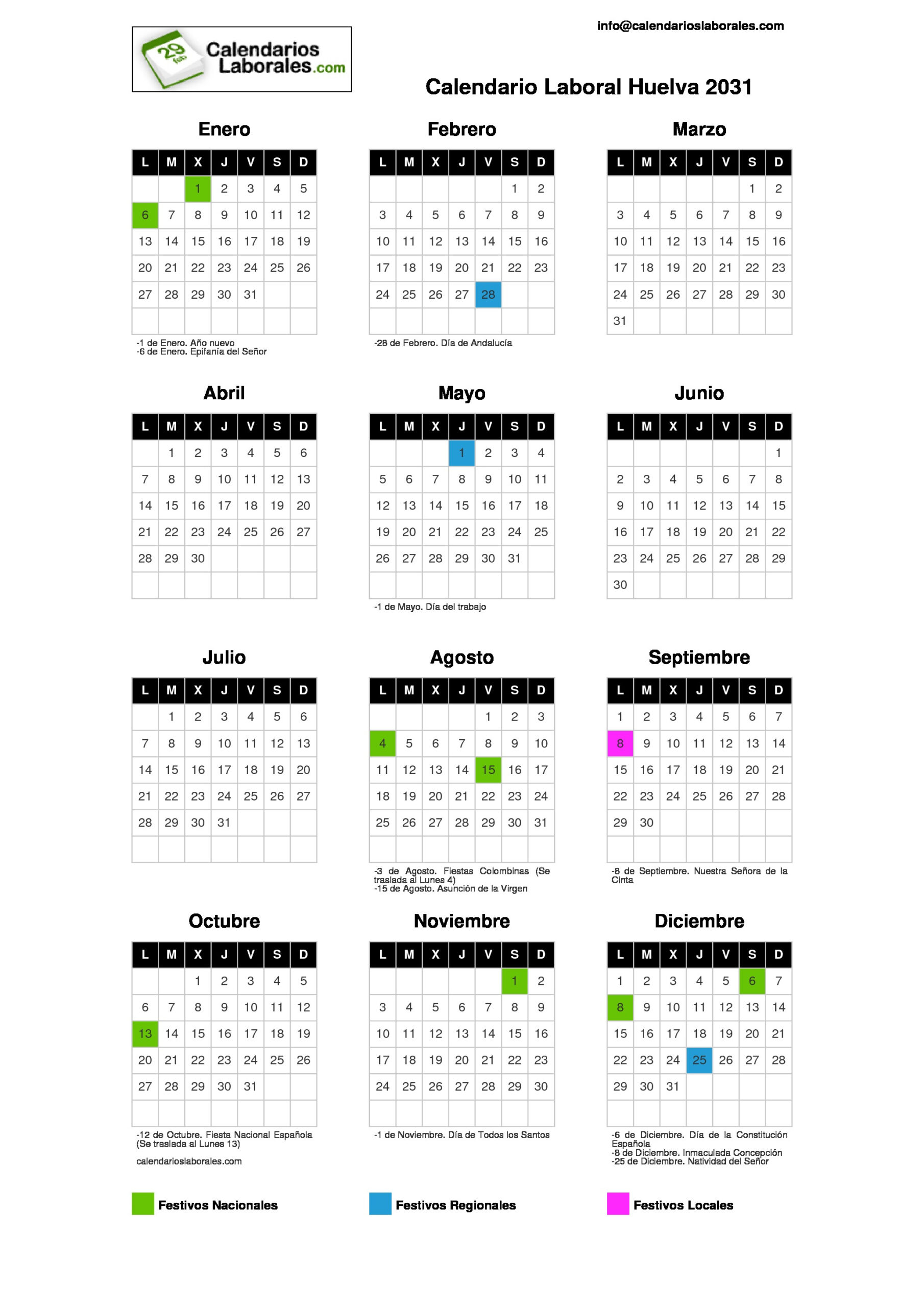 Calendario Laboral Huelva 2031 | Calendario Laboral Huelva 2025