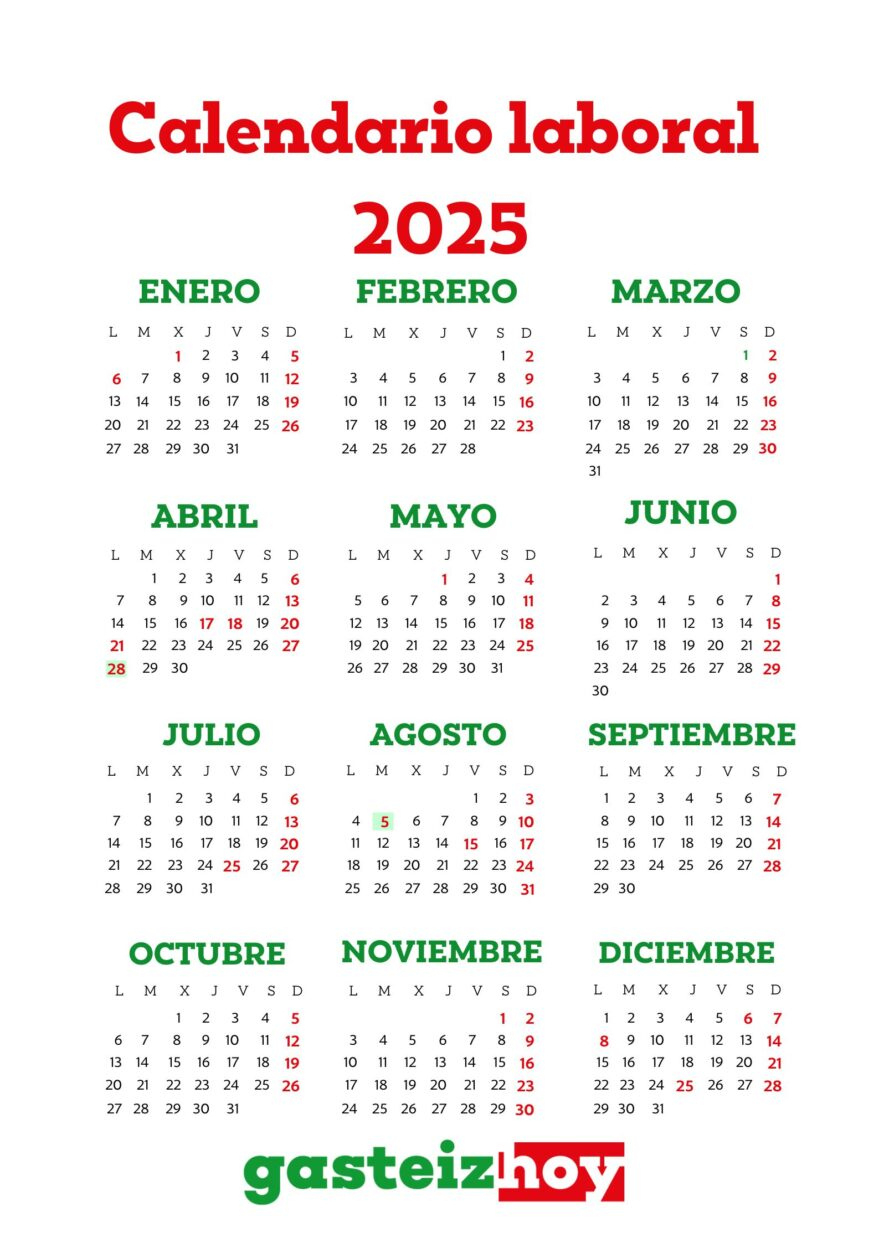 Calendario Laboral Y De Festivos Para 2025 En Álava Y Euskadi | Calendario Laboral España 2025