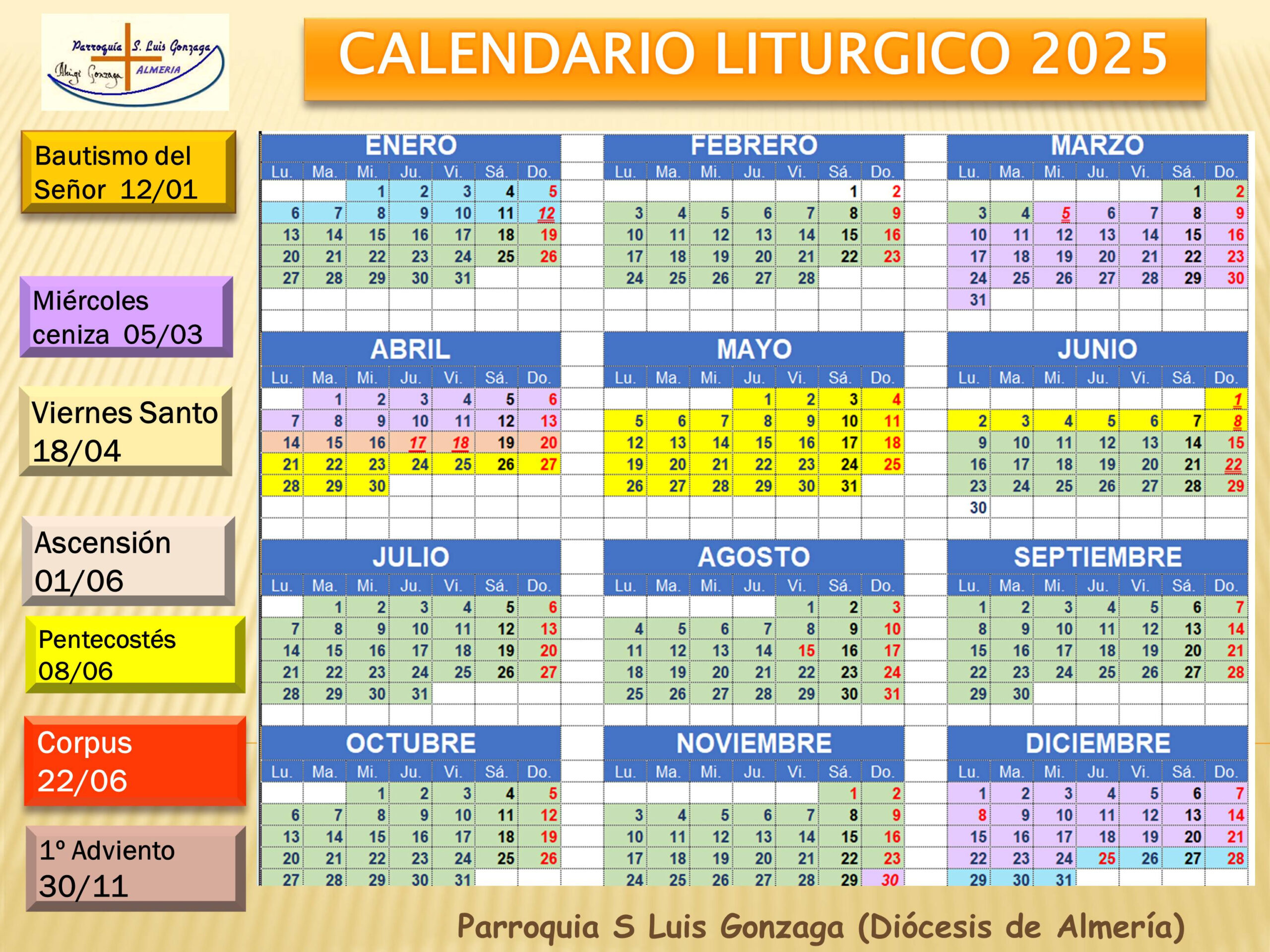 Calendario Liturgico Para El Año 2025 | Calendario Litúrgico 2025