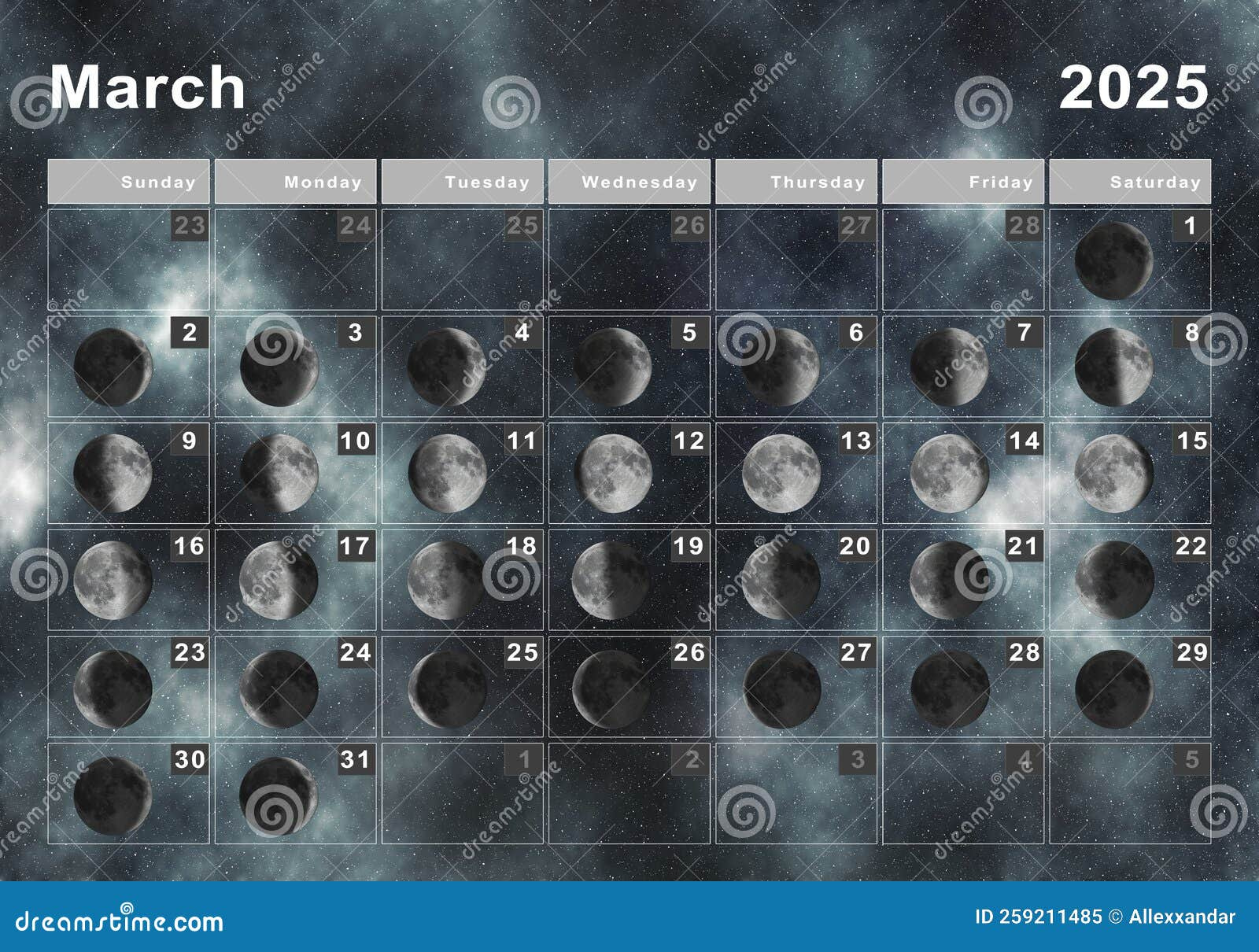 Calendario Lunar De Marzo De 2025 Stock De Ilustración | Calendario Lunar Marzo 2025