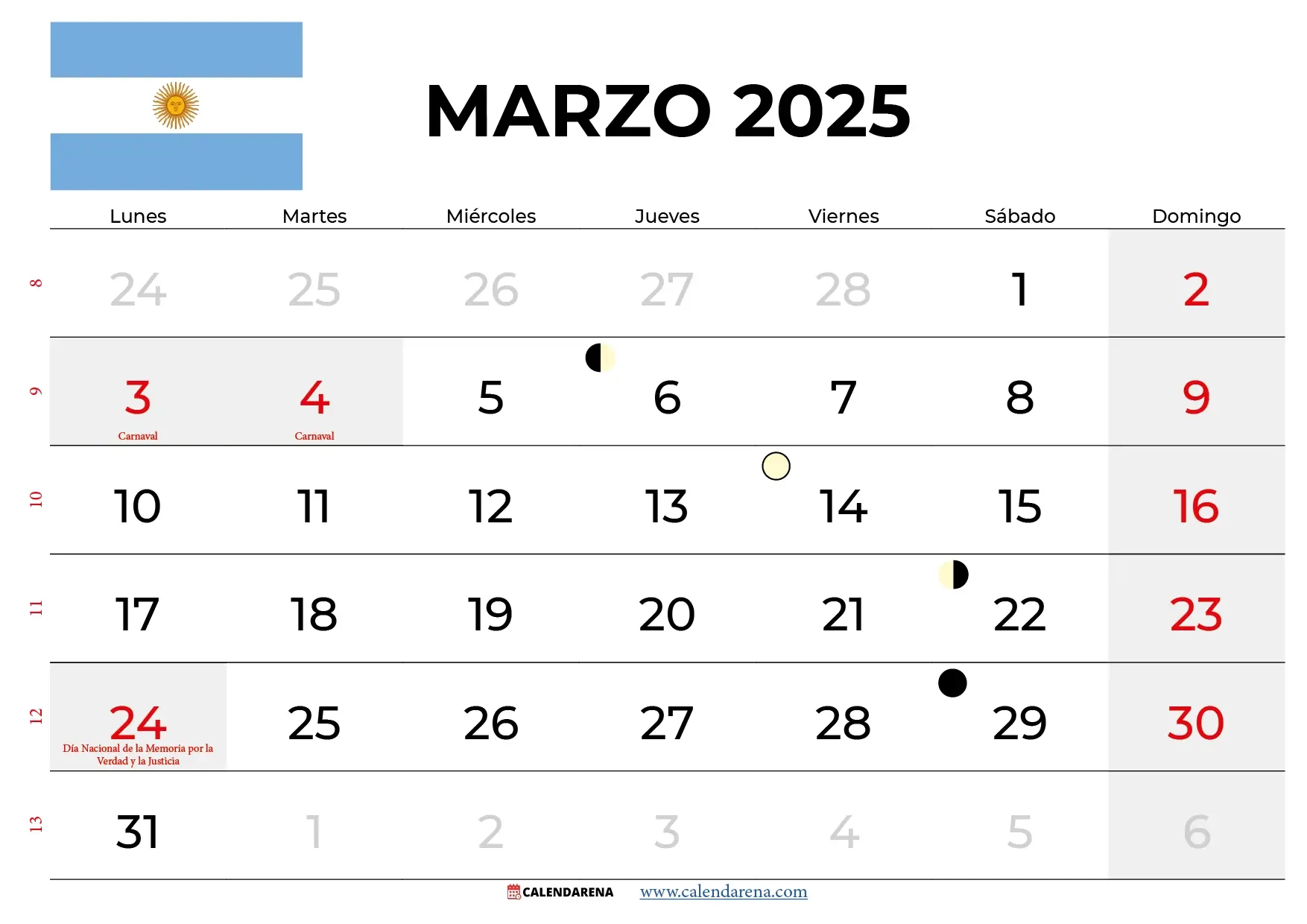 Calendario Marzo 2025 Argentina Para Imprimir | Calendario De Marzo 2025