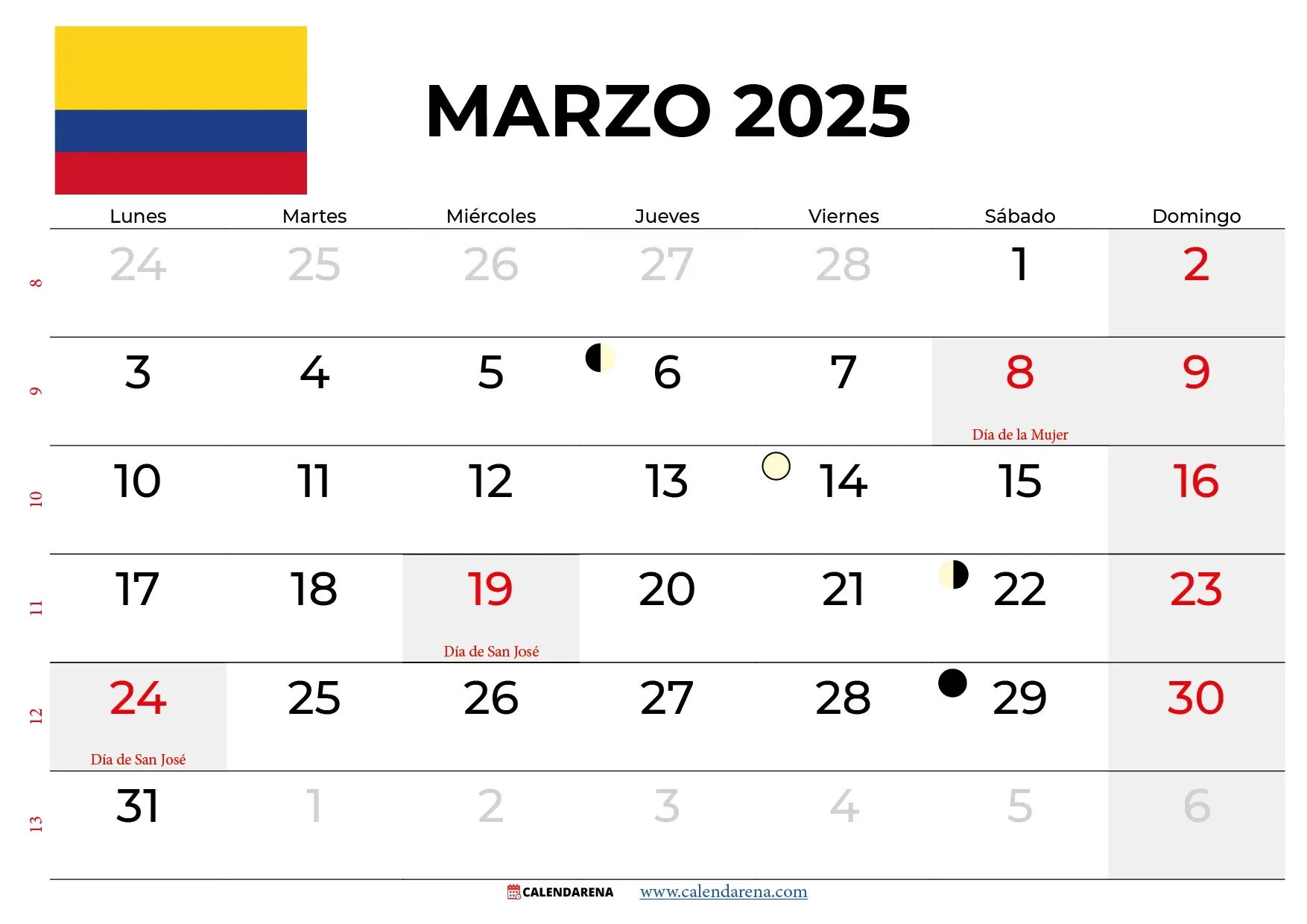 Calendario Marzo 2025 Colombia Para Imprimir | Calendario Marzo 2025 Con Festivos