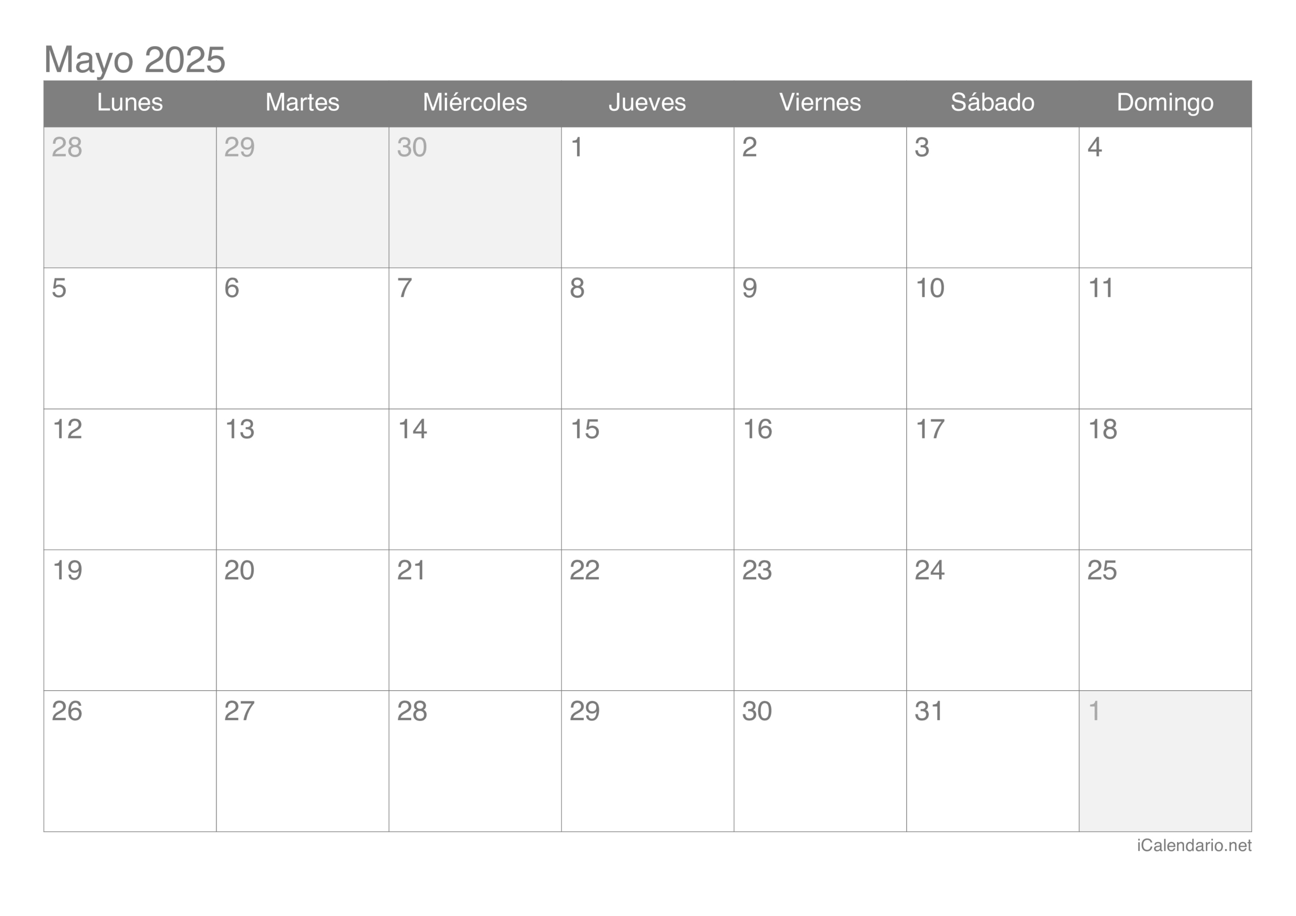 Calendario Mayo De 2025 Para Imprimir | Calendario De Mayo 2025