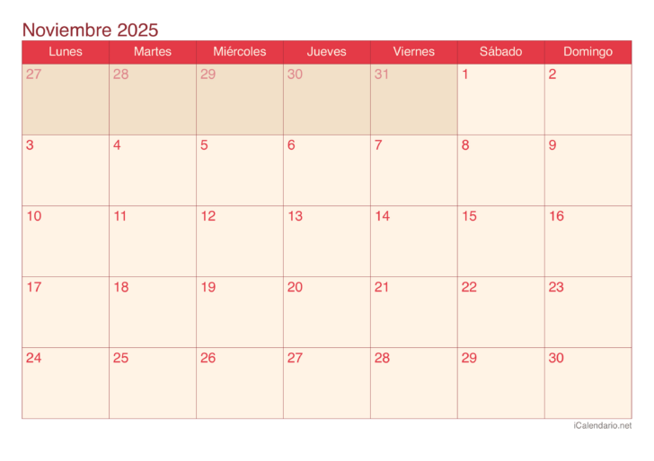 Calendario Noviembre 2025 Para Imprimir
