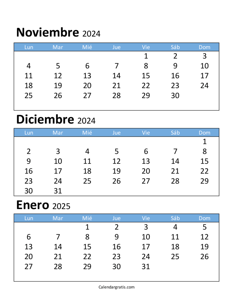 Calendario Noviembre Diciembre Y Enero 2025 - Excel, Pdf Y Png | Calendario Noviembre Diciembre Enero 2025