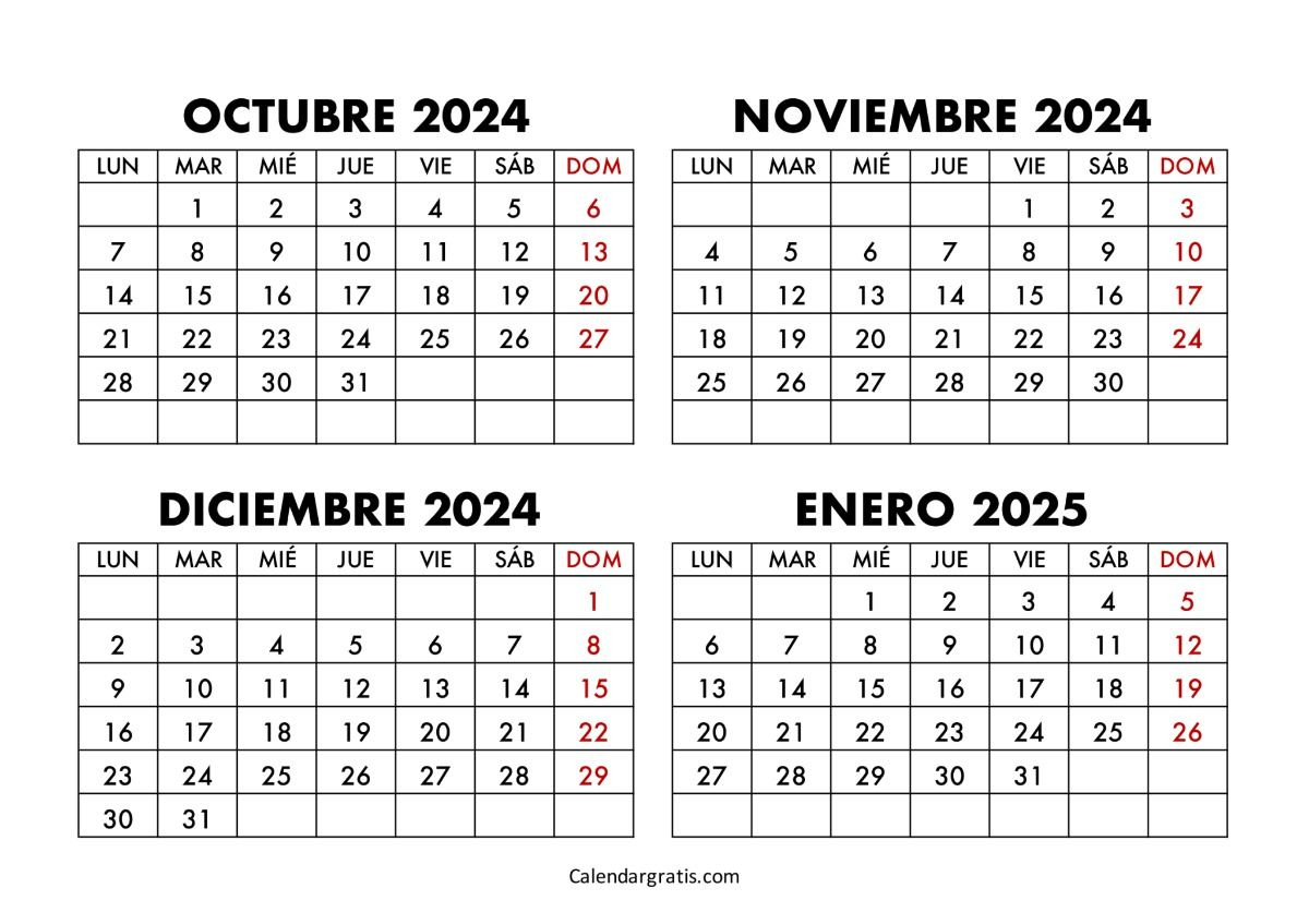 Calendario Octubre Noviembre Diciembre Y Enero 2025 Gratis | Calendario Noviembre Diciembre Enero 2025