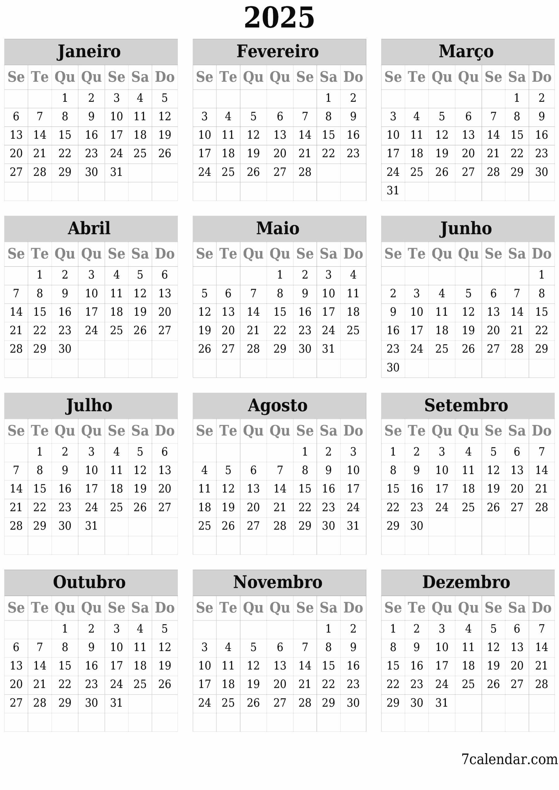 Calendários E Planejadores Imprimíveis Para O Ano 2025 A4, A3 Para | Calendario 2025 Imprimir