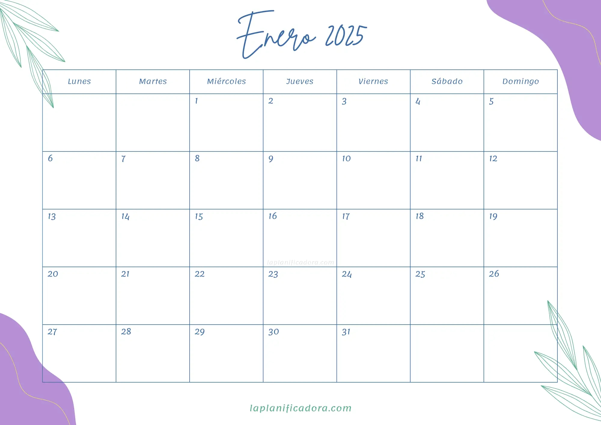 Calendarios Enero 2025 💜  Para Imprimir | Calendario Enero 2025 Descargar