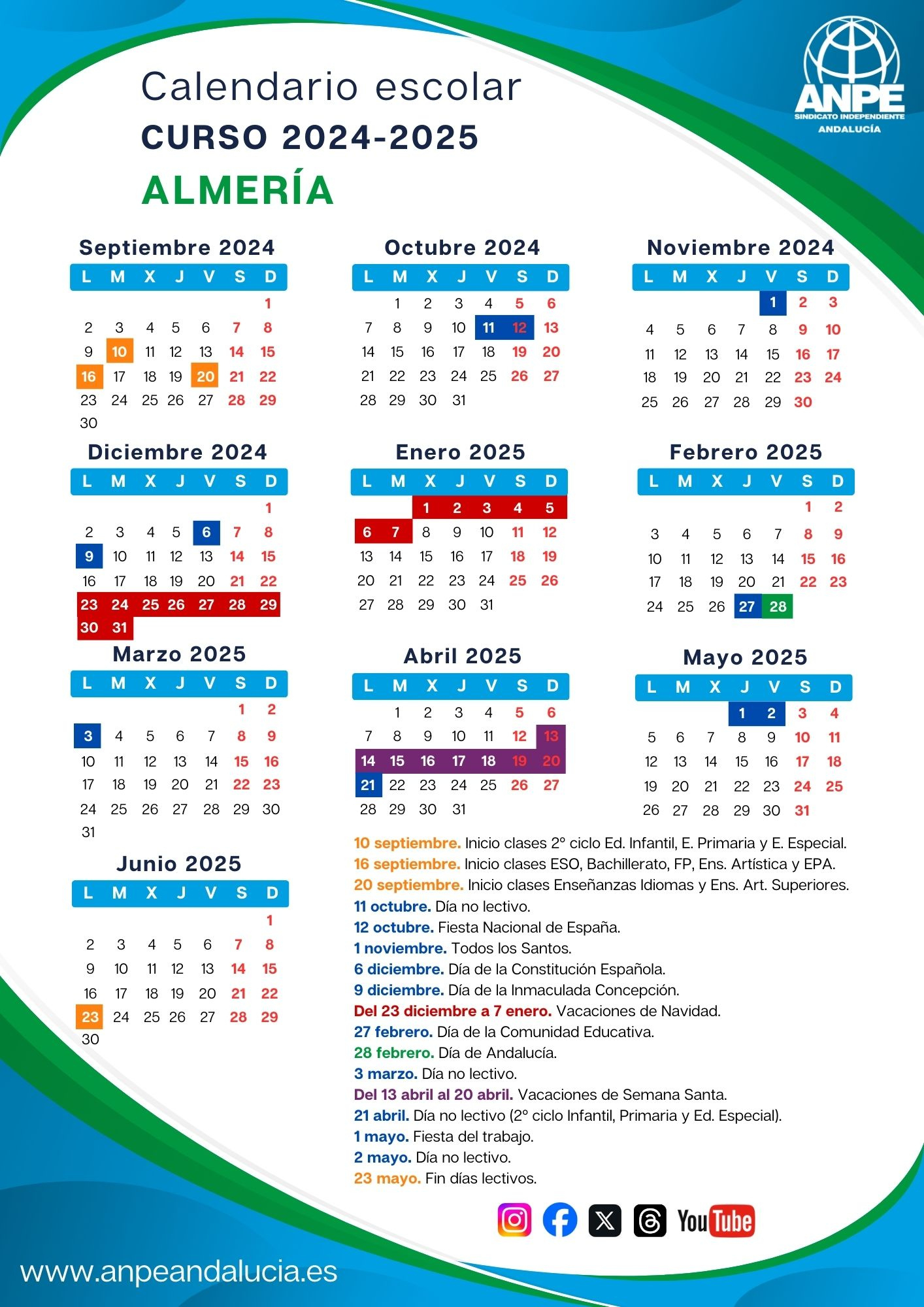 Calendarios Escolares 2024/25: Andalucía Oriental | Noticia - | Calendario Escolar Almería 2025
