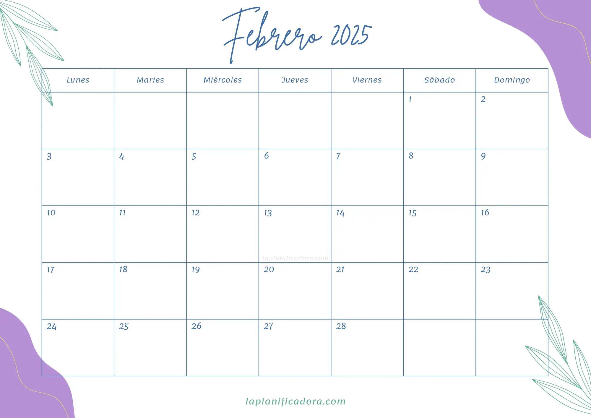 Calendarios Febrero 2025 💜  Para Imprimir | Calendario De Febrero 2025