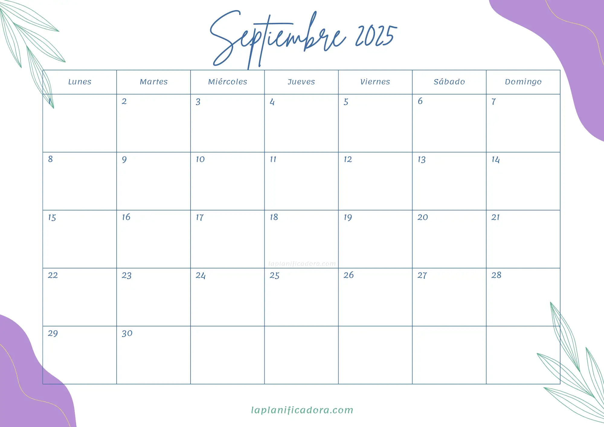 Calendarios Septiembre 2025 💜  Para Imprimir | Calendario Septiembre 2025 Para Imprimir