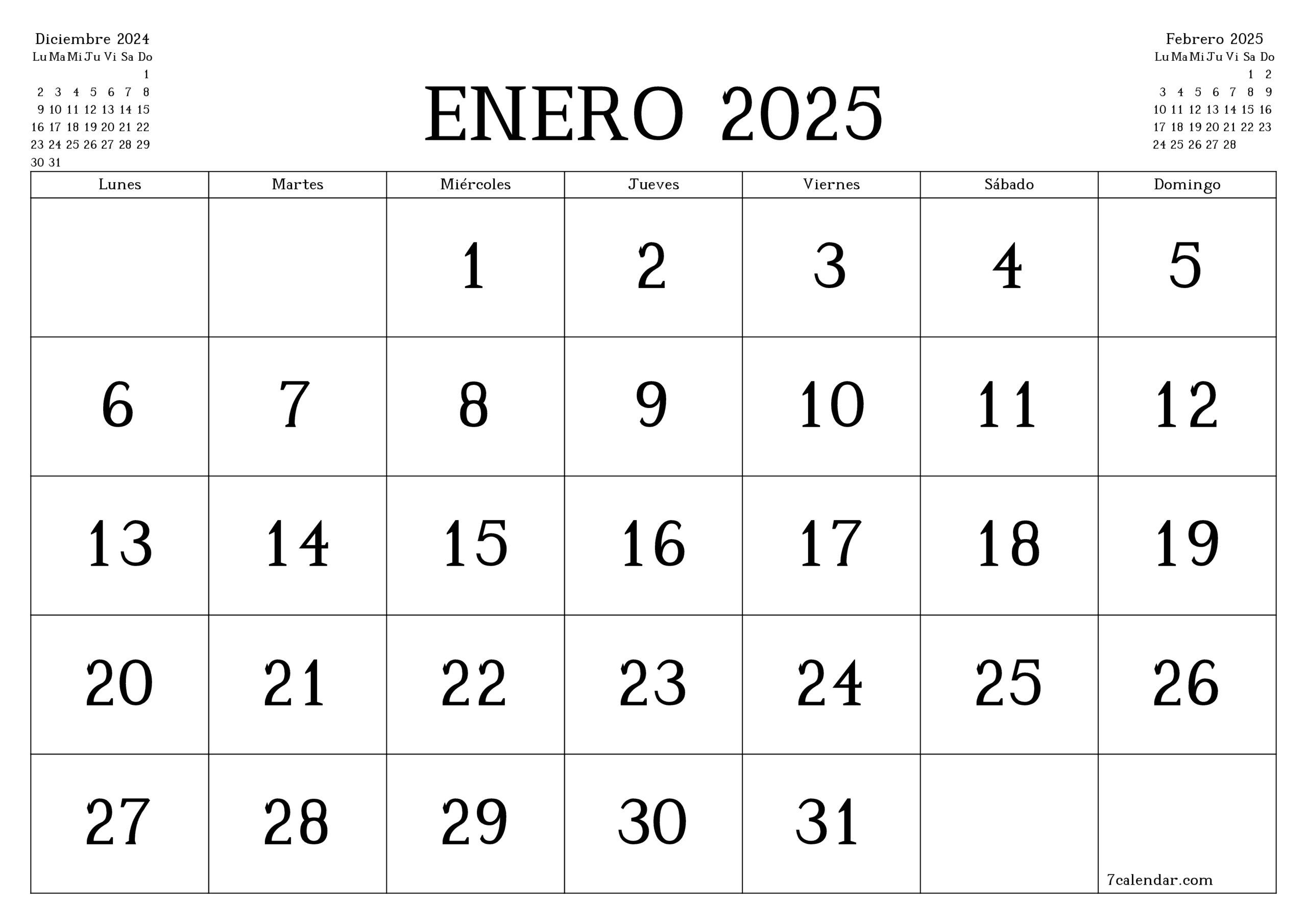 Calendarios Y Planificadores Imprimibles Para El Mes Enero 2025 A4 | Calendario Enero 2025 Clara