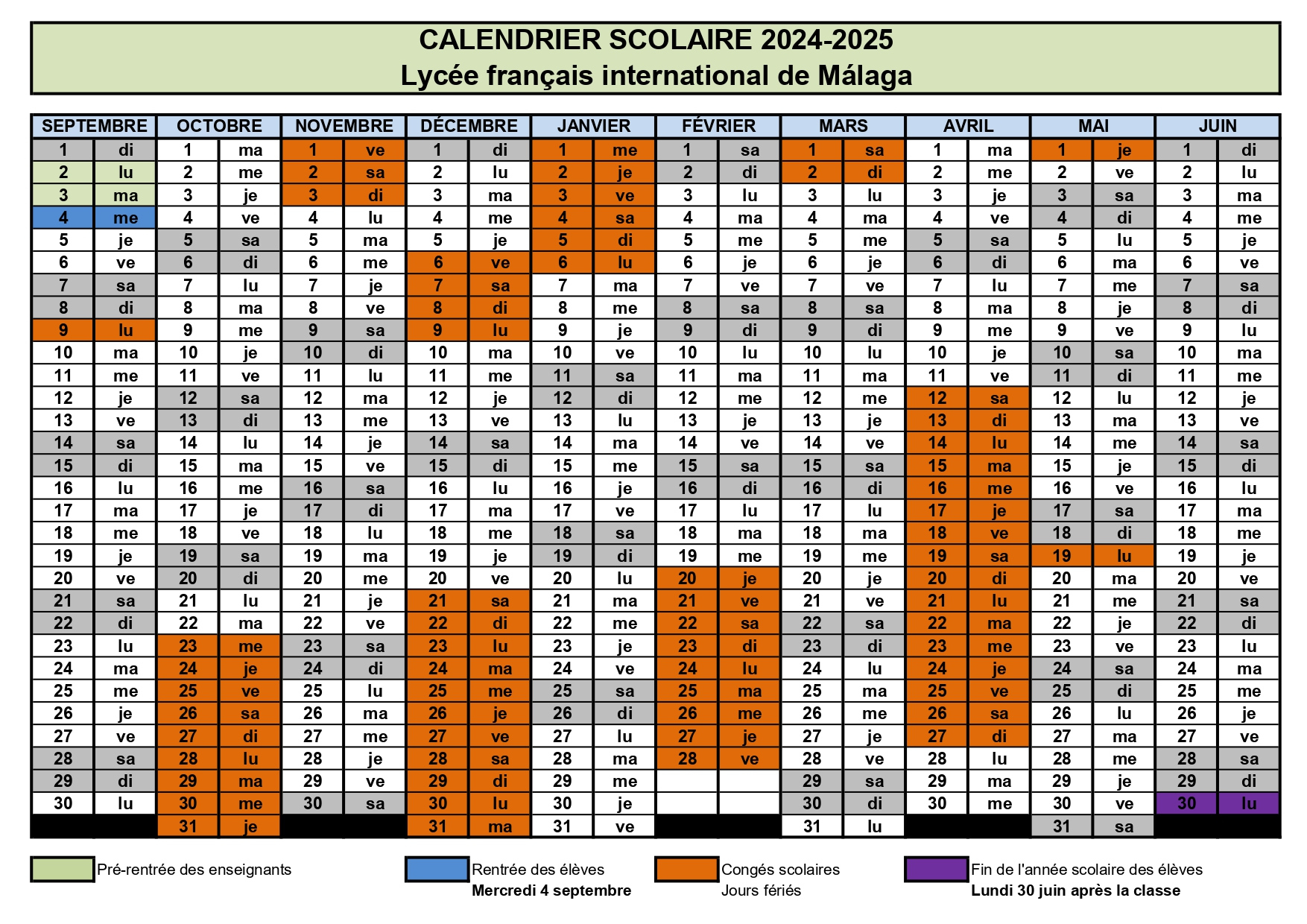 Calendrier - Lycée Français International De Málaga - Aefe | Calendario Escolar Malaga 2025