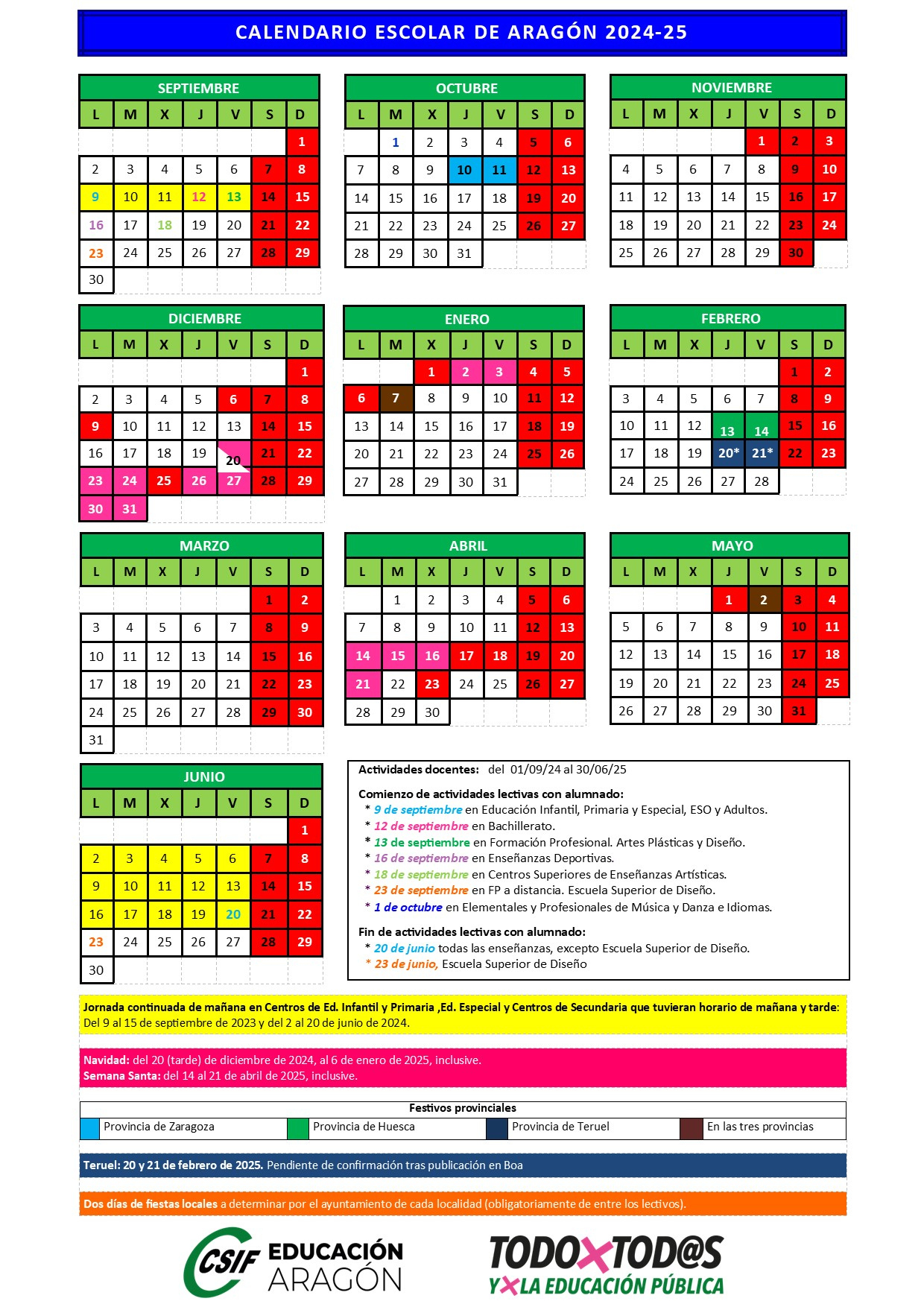 Csif | Calendario Escolar Aragón 2024-25 | Calendario Escolar Aragón 2025