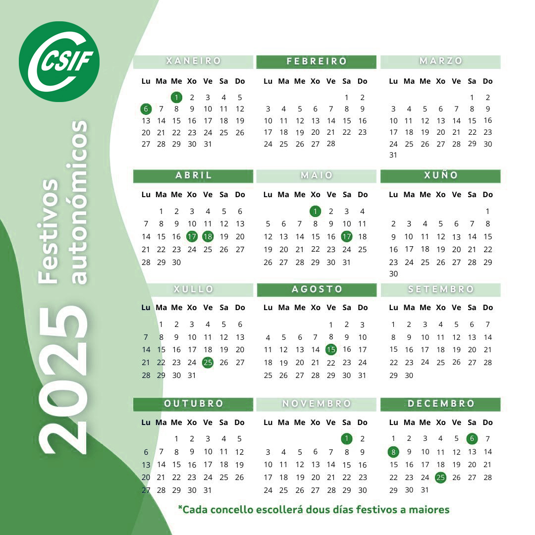 Csif | Calendario Laboral 2025 Galicia | Calendario Laboral 2025 A Coruña