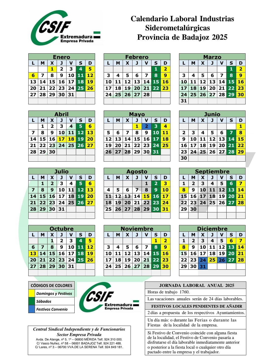 Csif | Calendarios Laborales - Industrias Siderometalúrgicas De La | Calendario Laboral 2025 Badajoz