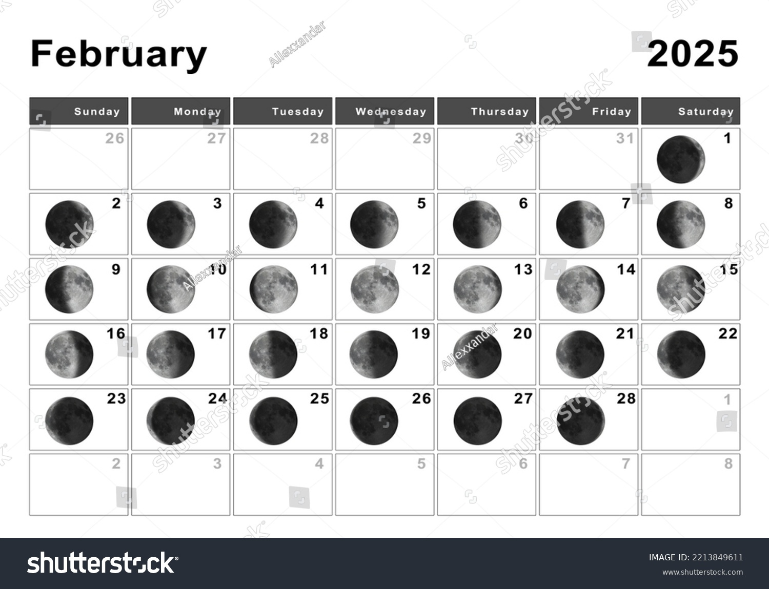 Febrero 2025 Calendario Lunar, Ciclos Lunares,: Ilustración De | Calendario Lunar Febrero 2025