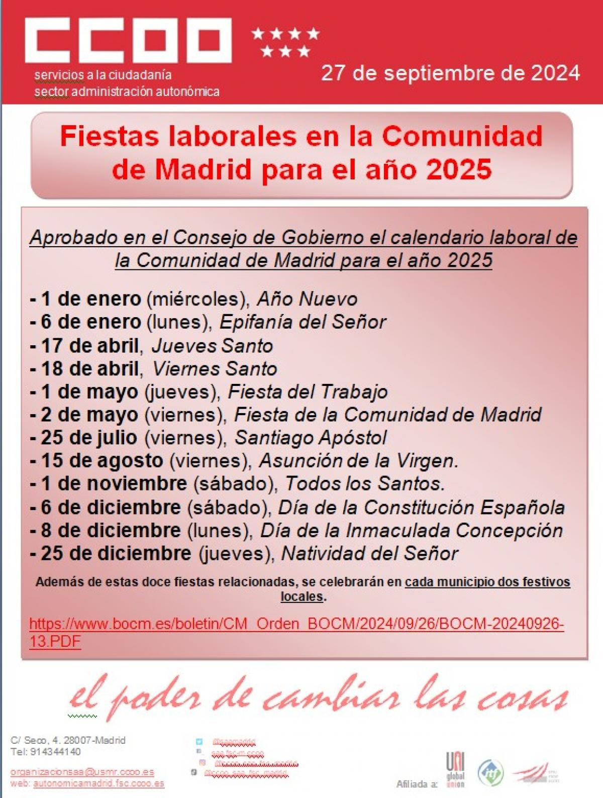Fsc-Ccoo Autonómica Madrid | Calendario Laboral 2025 Madrid Ccoo
