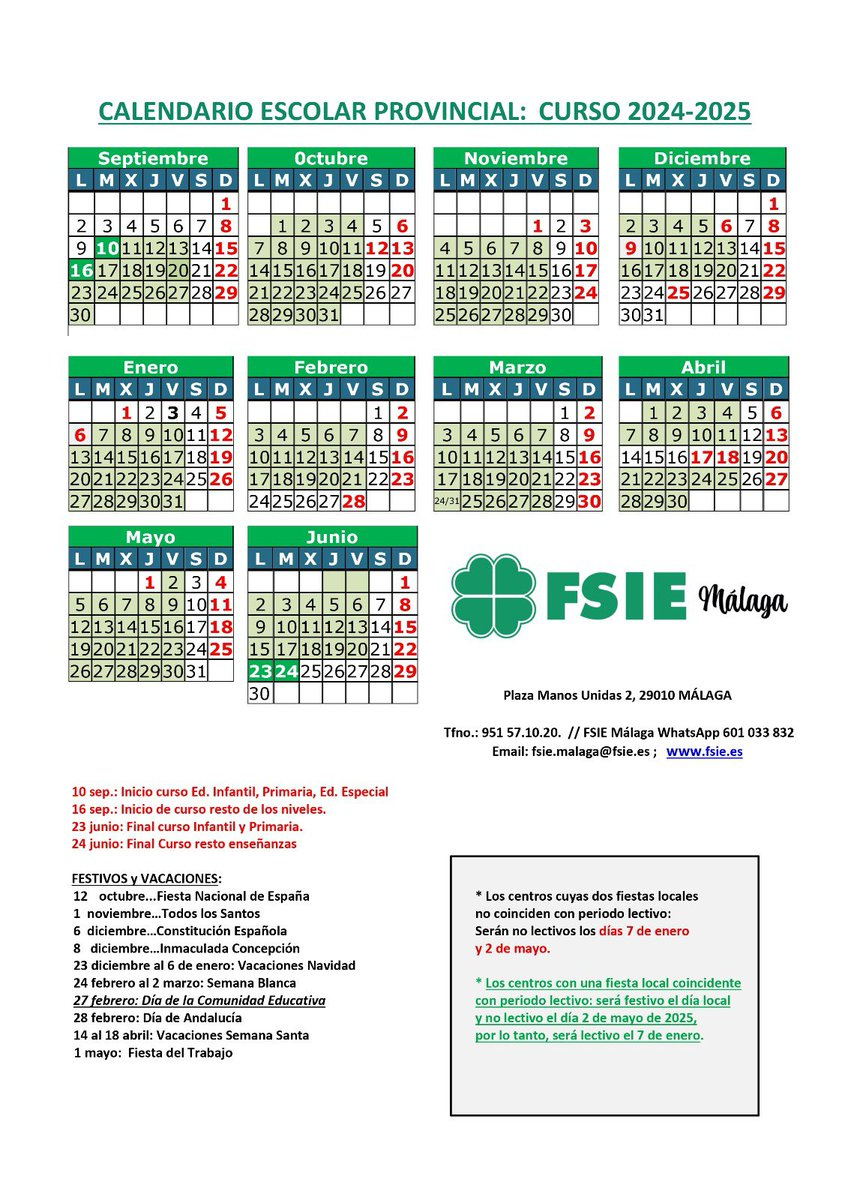 Fsie Málaga On X: &amp;quot;Calendario 🗓️ Escolar Provincial Para El Curso | Calendario Escolar 2025 Malaga