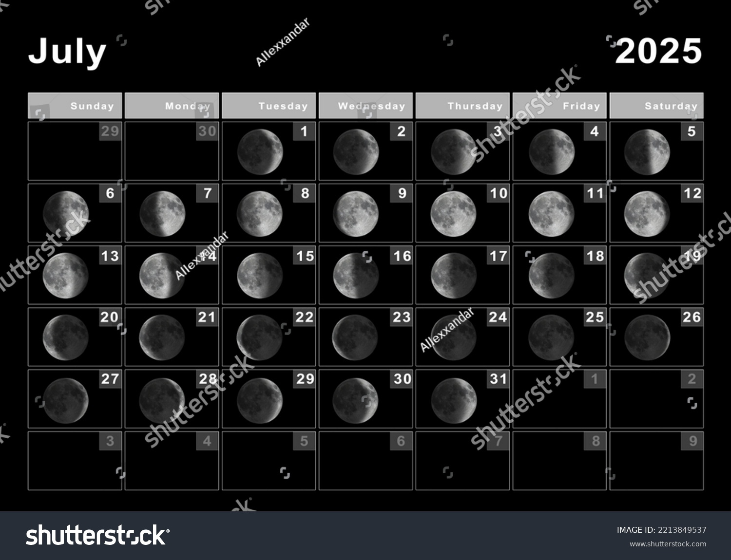 Juli 2025 Mondkalender, Mondzyklen, Mondphasen: Stockillustration | Calendario Lunar 2025