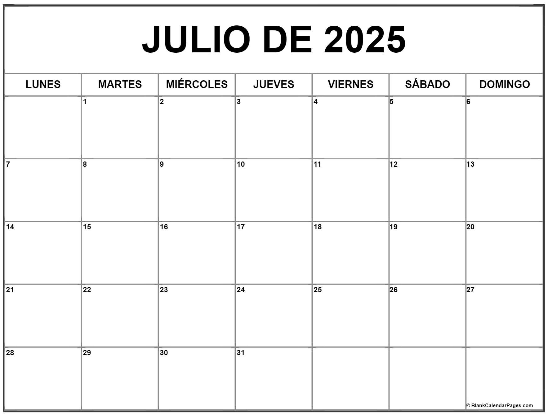 Julio De 2025 Calendario Gratis | Calendario Julio | Calendario Julio 2025 Para Imprimir