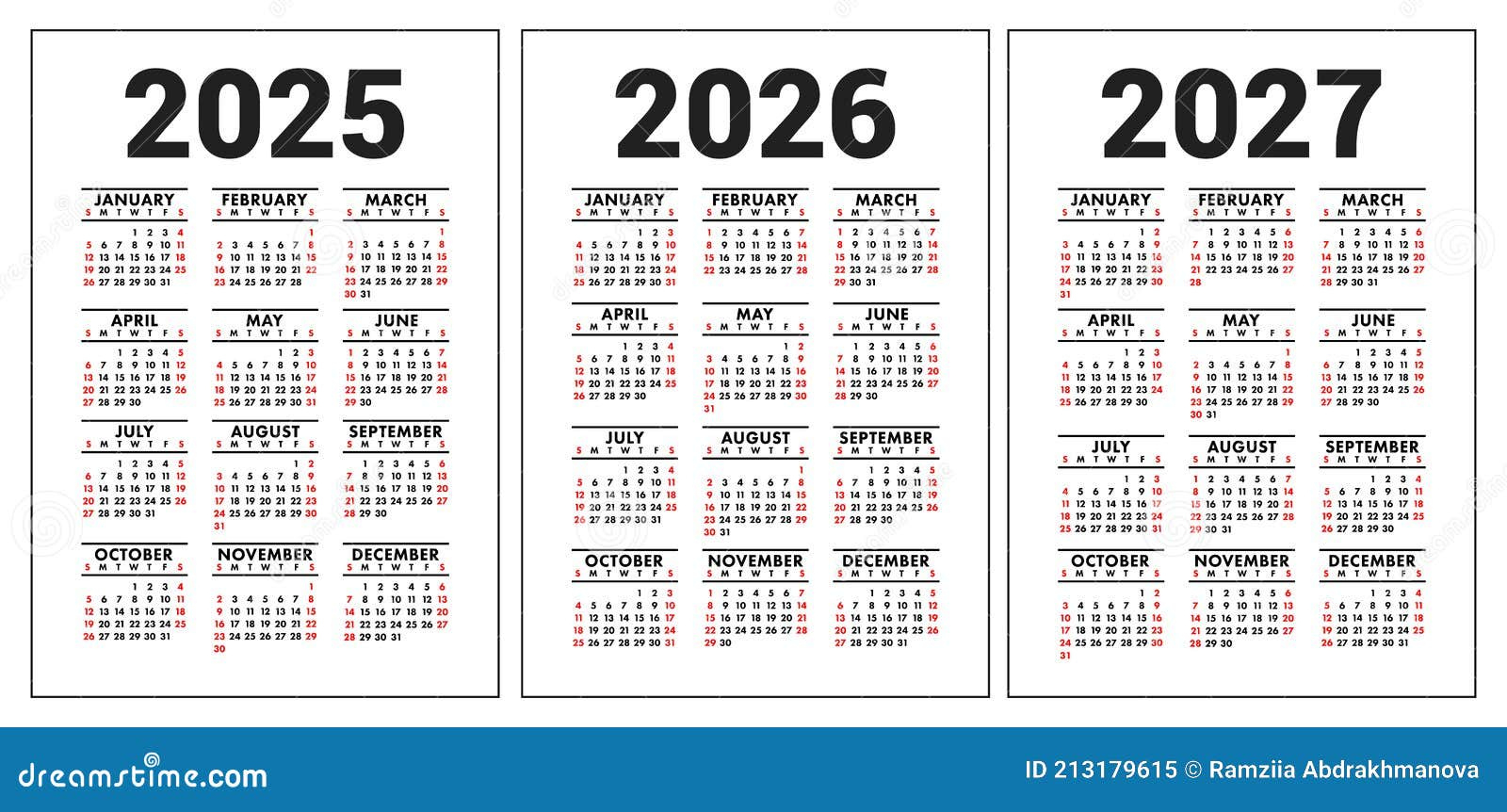 Kalender 2025 2026 Und 2027. Englischer Vektorsatz. Wand- Oder | Calendario 2025 Y 2026