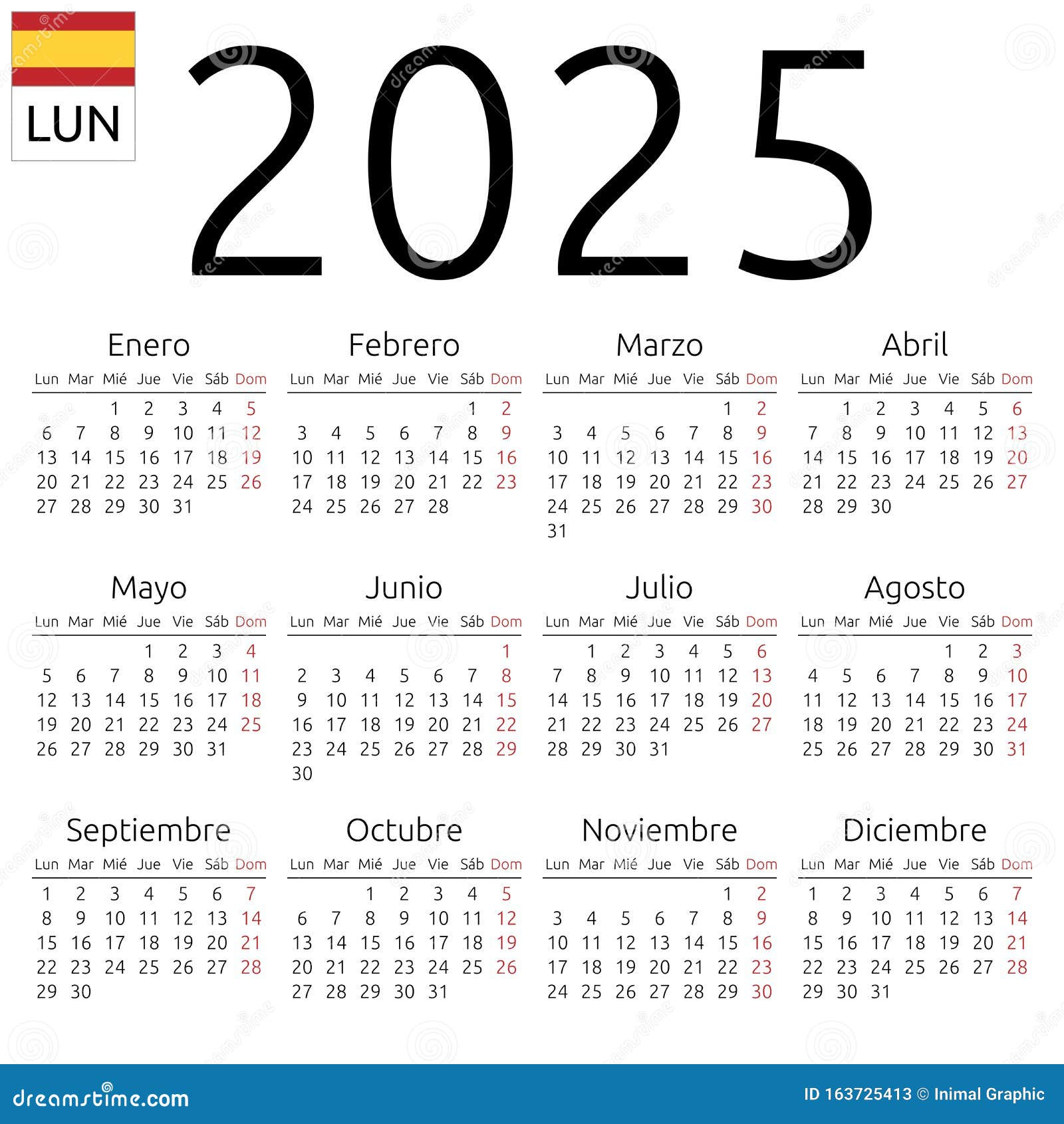 Kalender 2025, Spanisch, Montag Vektor Abbildung - Illustration | Calendario Del 2025 En Español